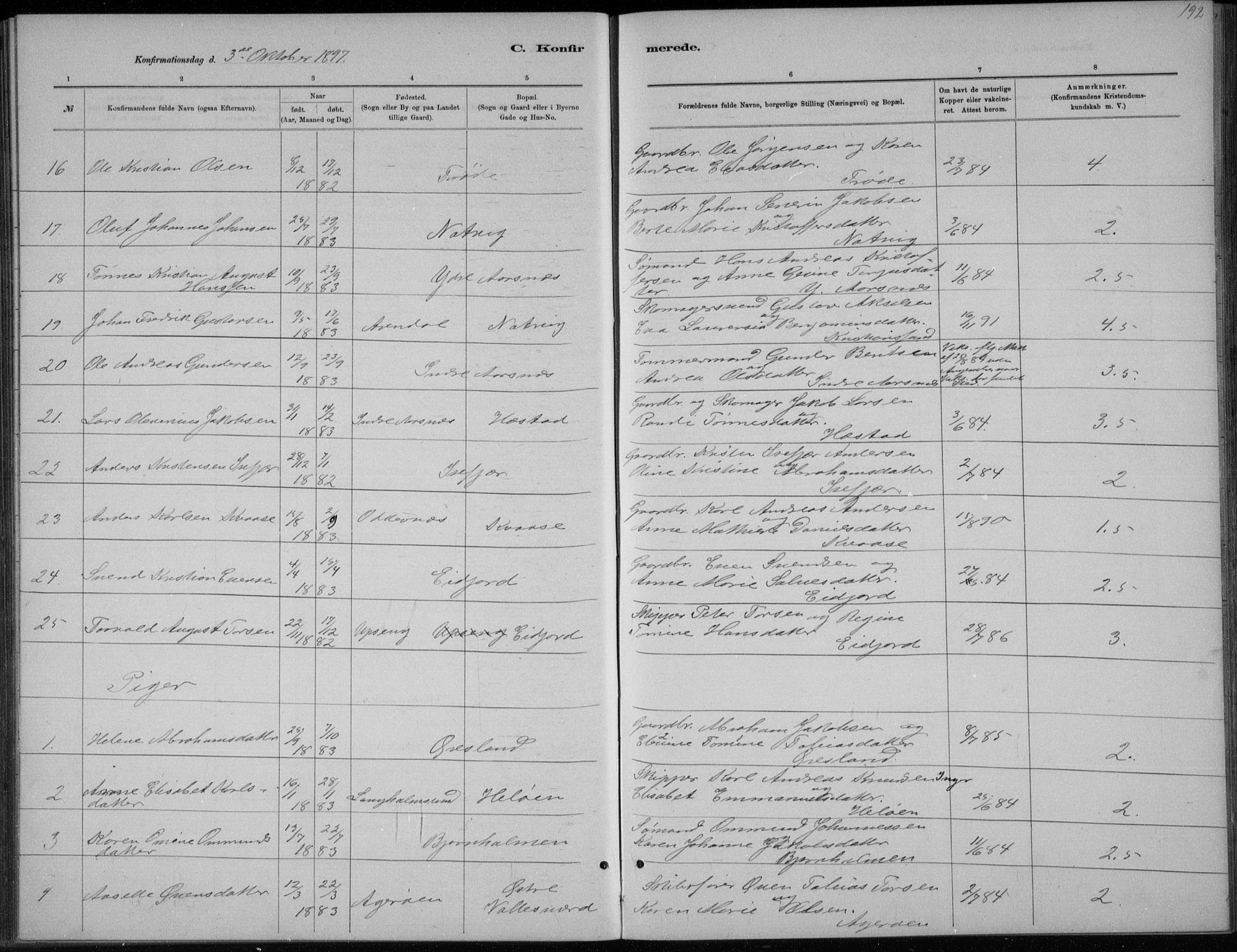 Høvåg sokneprestkontor, AV/SAK-1111-0025/F/Fb/L0004: Parish register (copy) no. B 4, 1883-1898, p. 192