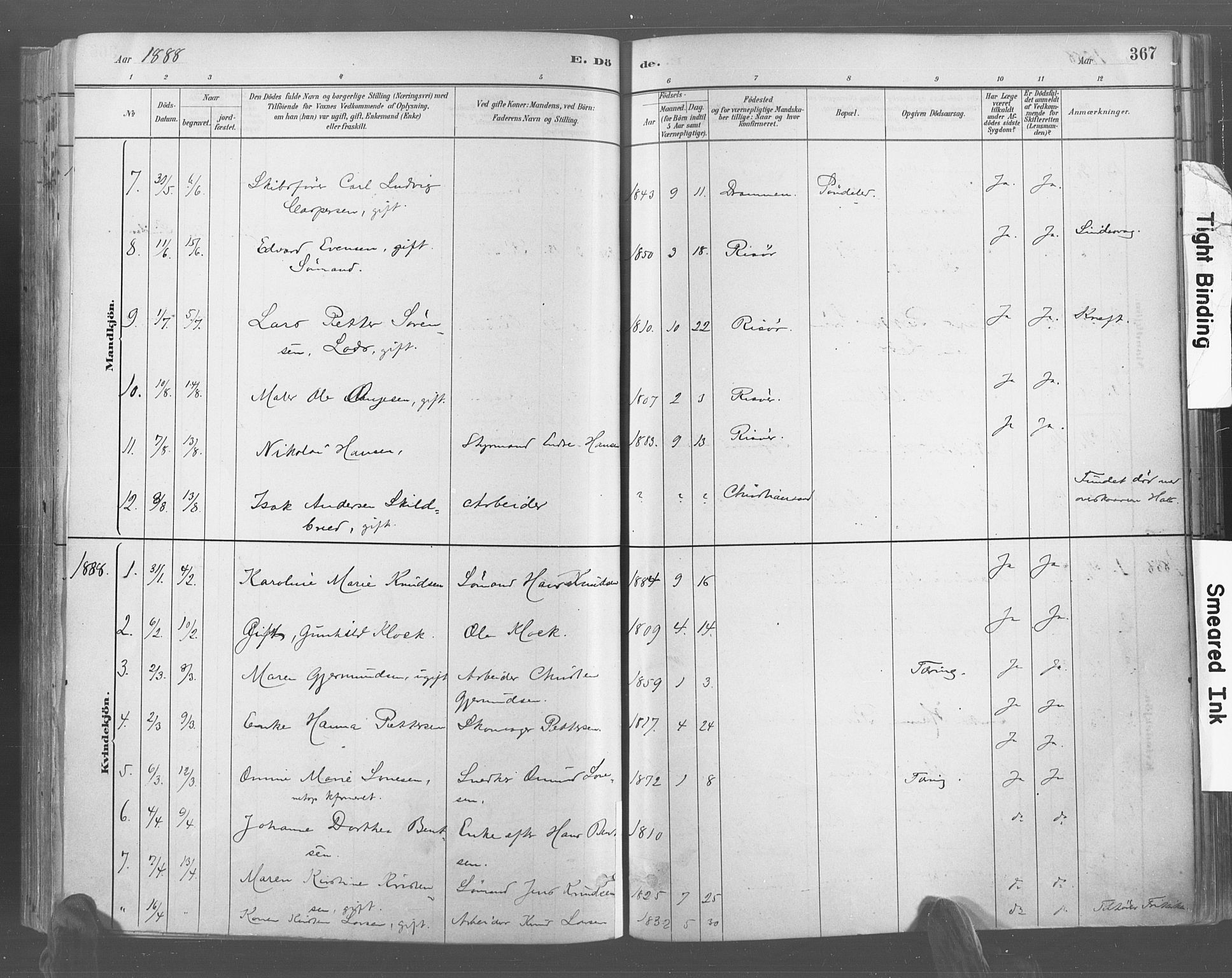 Risør sokneprestkontor, AV/SAK-1111-0035/F/Fa/L0005: Parish register (official) no. A 5, 1883-1895, p. 367