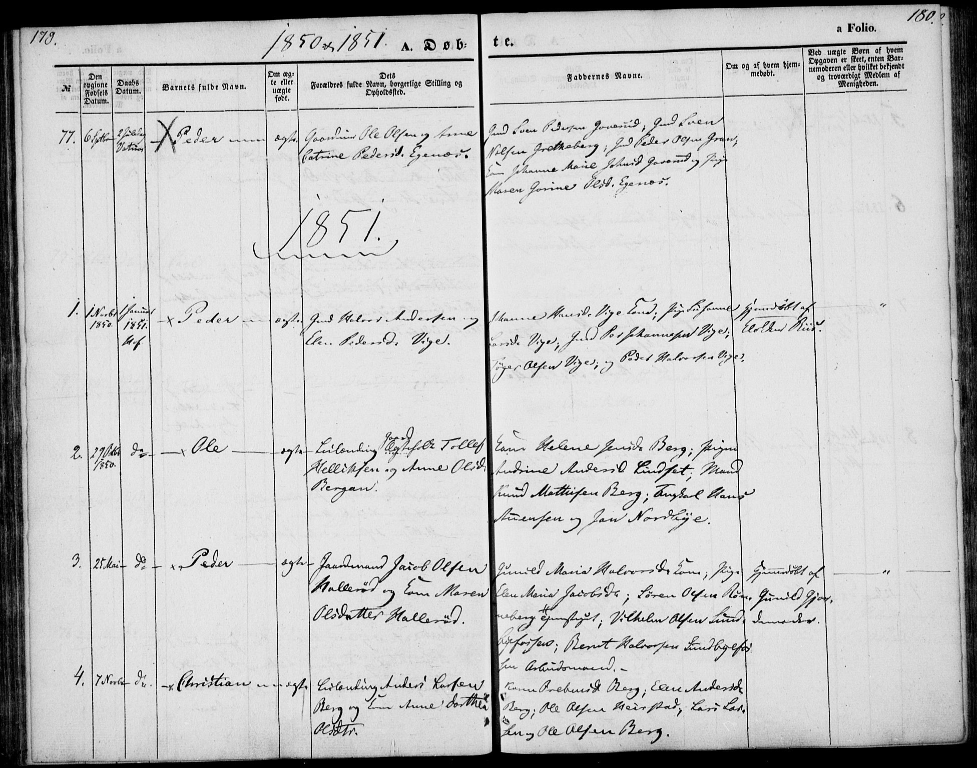 Hof kirkebøker, AV/SAKO-A-64/F/Fa/L0005: Parish register (official) no. I 5, 1844-1851, p. 179-180