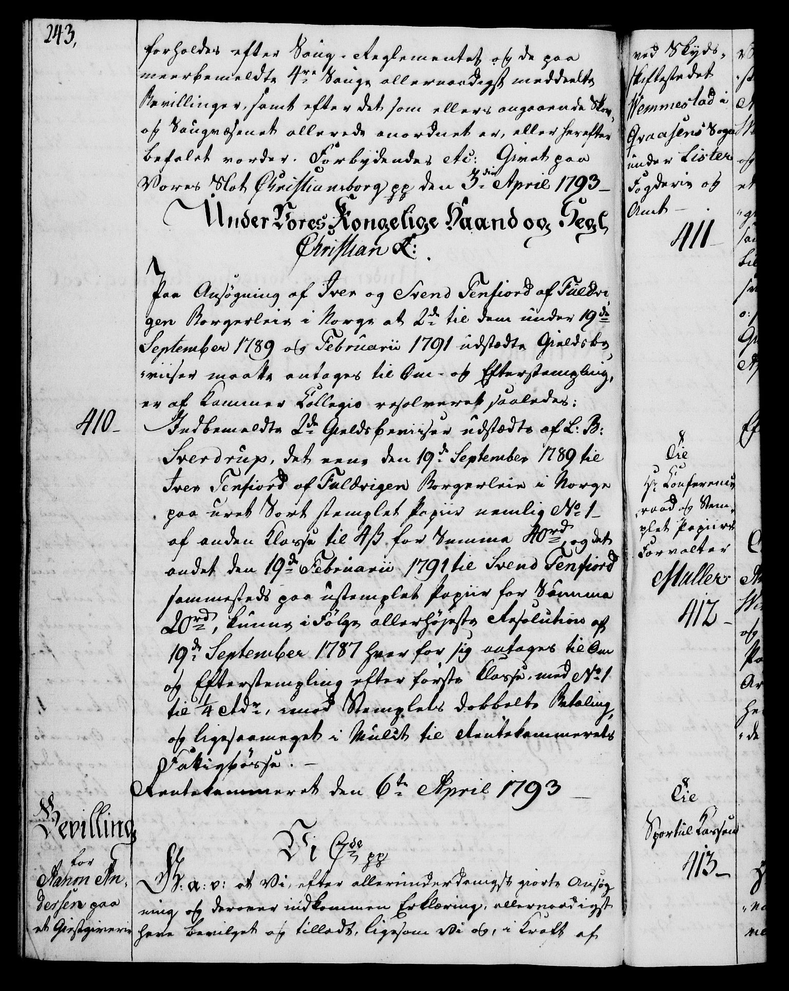 Rentekammeret, Kammerkanselliet, AV/RA-EA-3111/G/Gg/Gga/L0015: Norsk ekspedisjonsprotokoll med register (merket RK 53.15), 1790-1791, p. 243