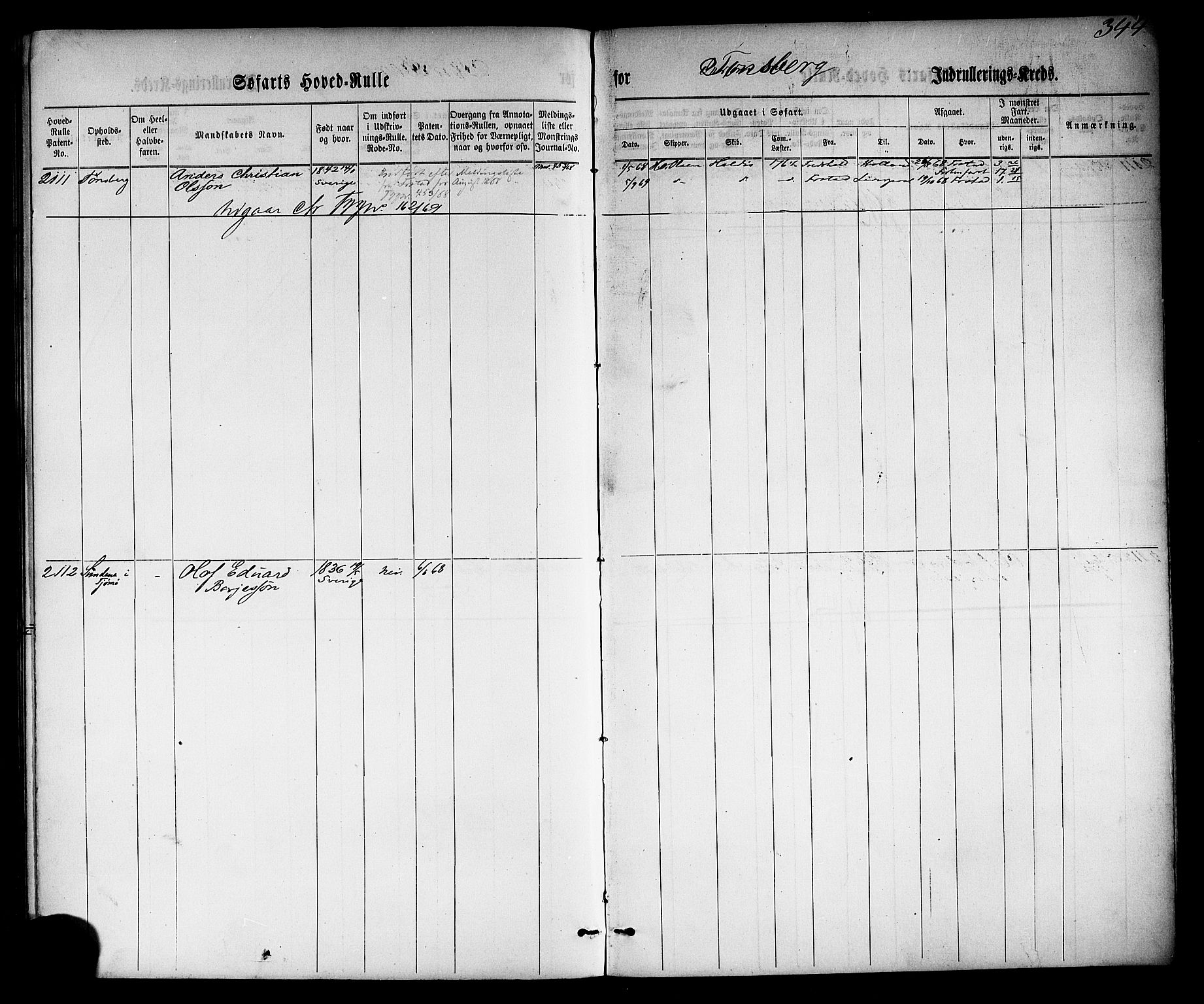 Tønsberg innrulleringskontor, SAKO/A-786/F/Fc/Fca/L0002: Hovedrulle Patent nr. 1429-2133, 1861-1868, p. 384