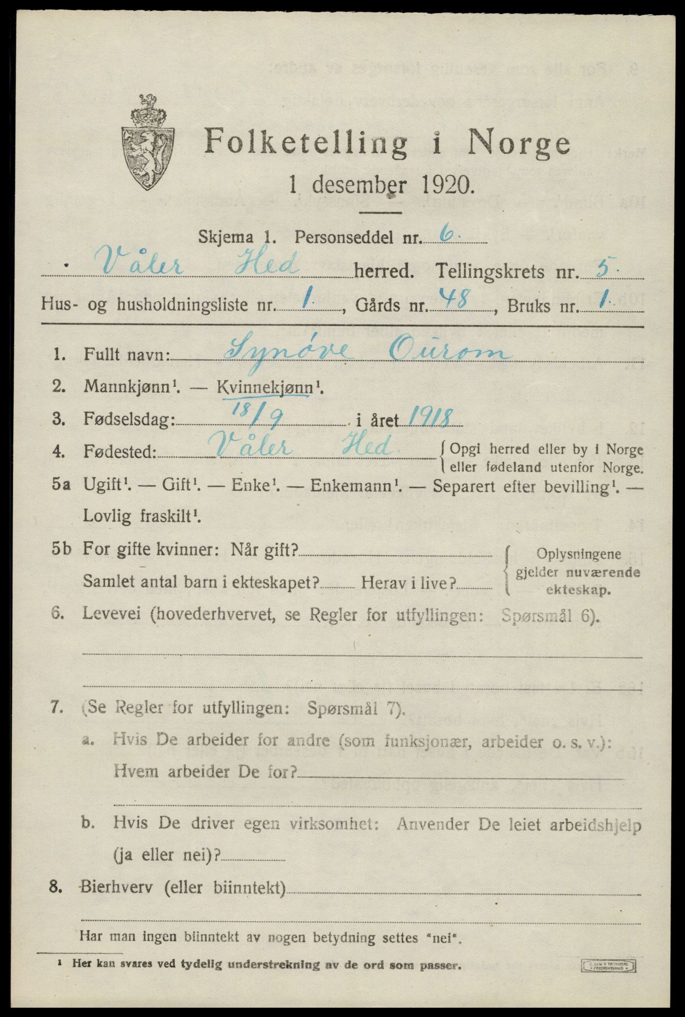 SAH, 1920 census for Våler (Hedmark), 1920, p. 5517