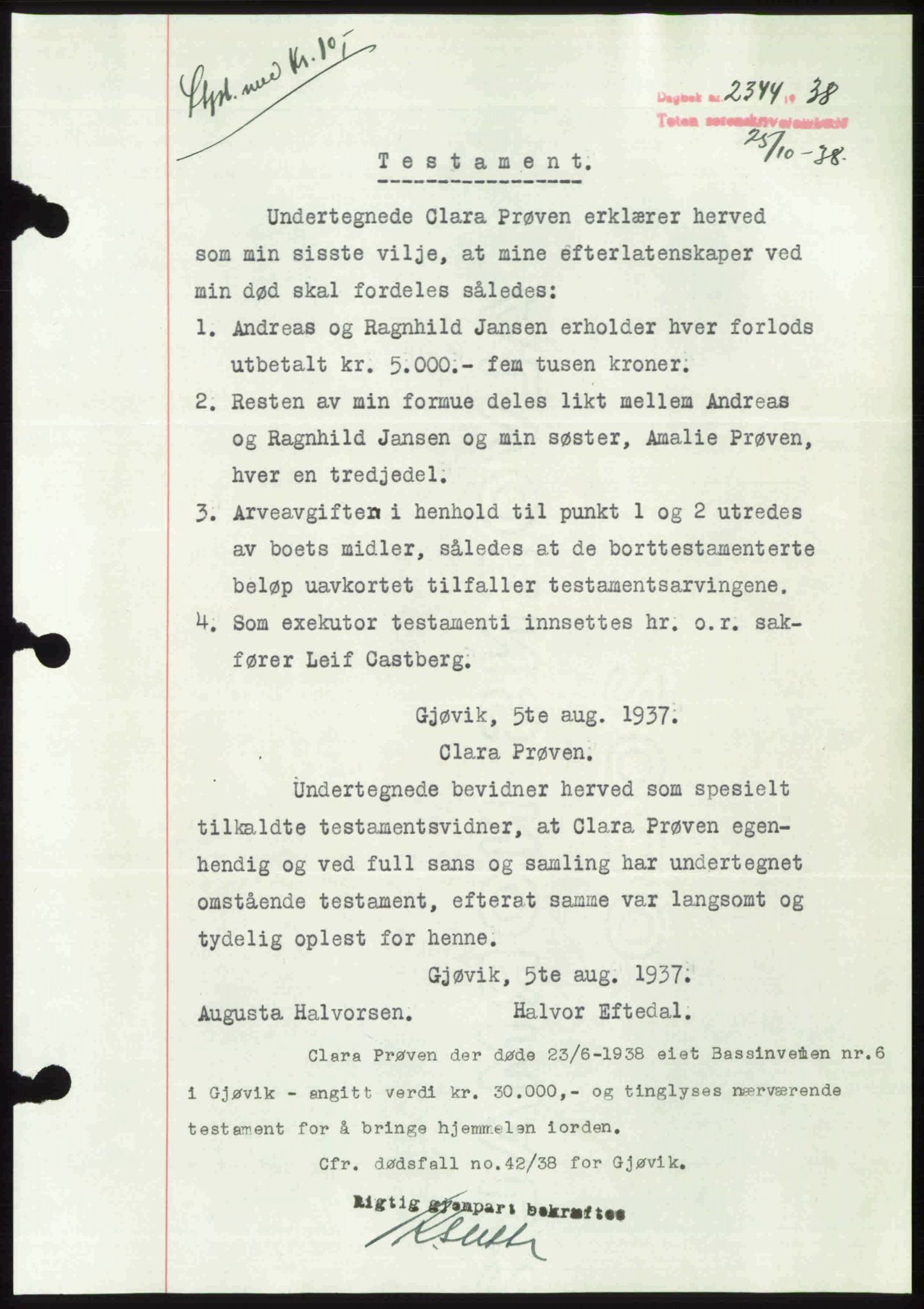 Toten tingrett, SAH/TING-006/H/Hb/Hbc/L0004: Mortgage book no. Hbc-04, 1938-1938, Diary no: : 2344/1938