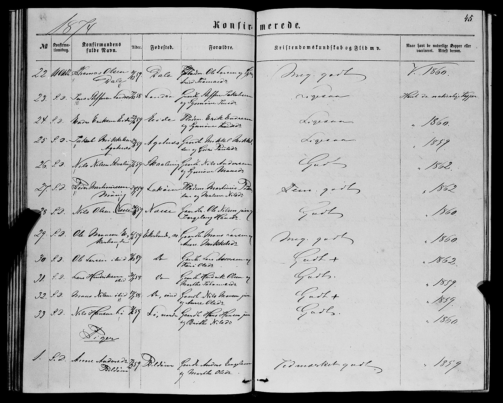 Fjell sokneprestembete, AV/SAB-A-75301/H/Haa: Parish register (official) no. A 5, 1864-1877, p. 45