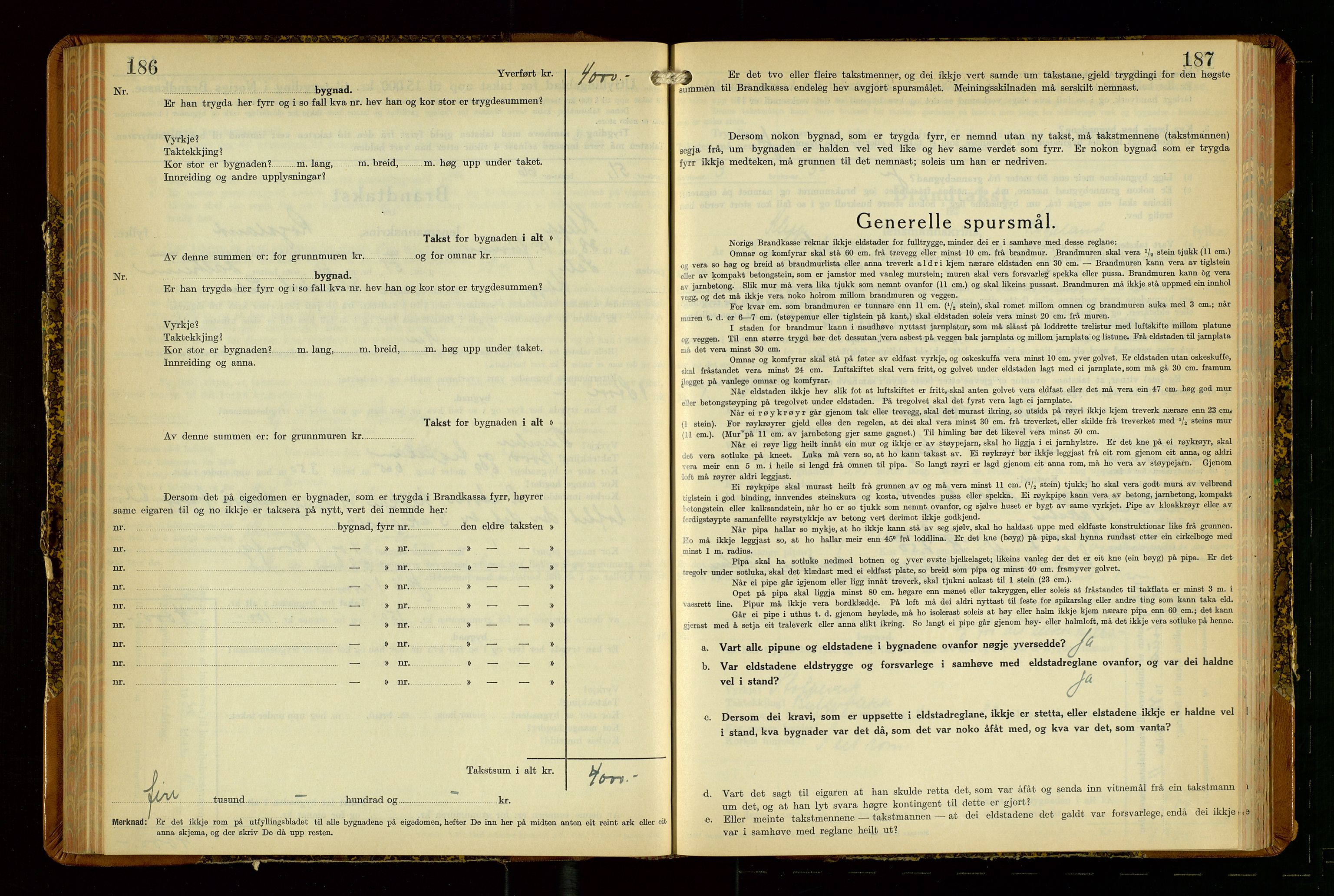 Klepp lensmannskontor, AV/SAST-A-100163/Goc/L0014: "Brandtakstbok" m/register, 1937-1939, p. 186-187