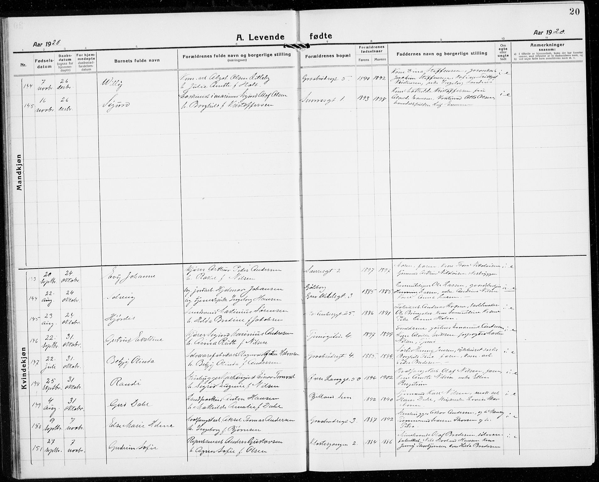 Tønsberg kirkebøker, AV/SAKO-A-330/G/Ga/L0010: Parish register (copy) no. 10, 1920-1942, p. 20