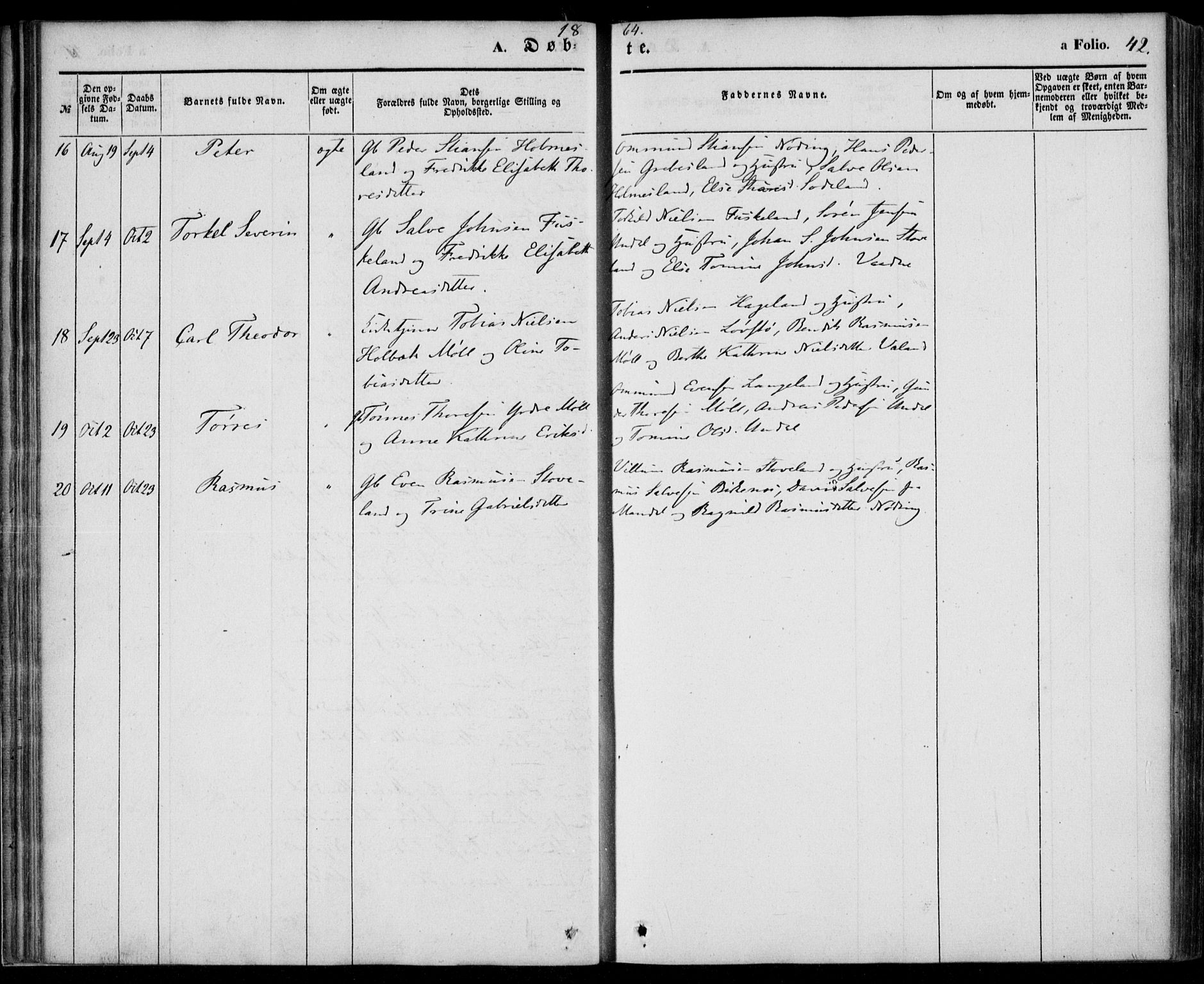 Holum sokneprestkontor, AV/SAK-1111-0022/F/Fa/Faa/L0005: Parish register (official) no. A 5, 1850-1864, p. 42