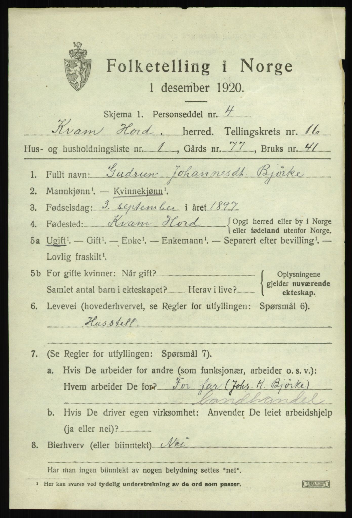 SAB, 1920 census for Kvam, 1920, p. 8867