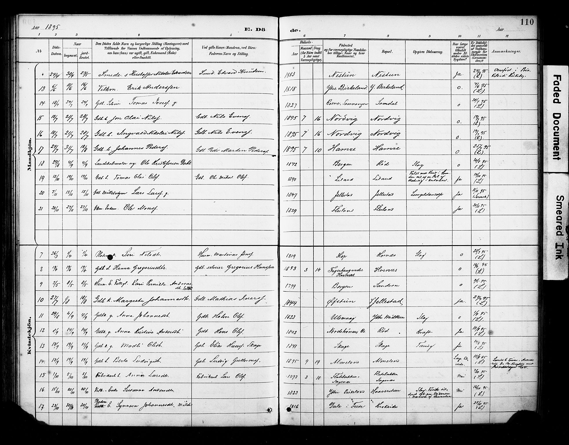 Fana Sokneprestembete, AV/SAB-A-75101/H/Haa/Haab/L0002: Parish register (official) no. B 2, 1890-1897, p. 110