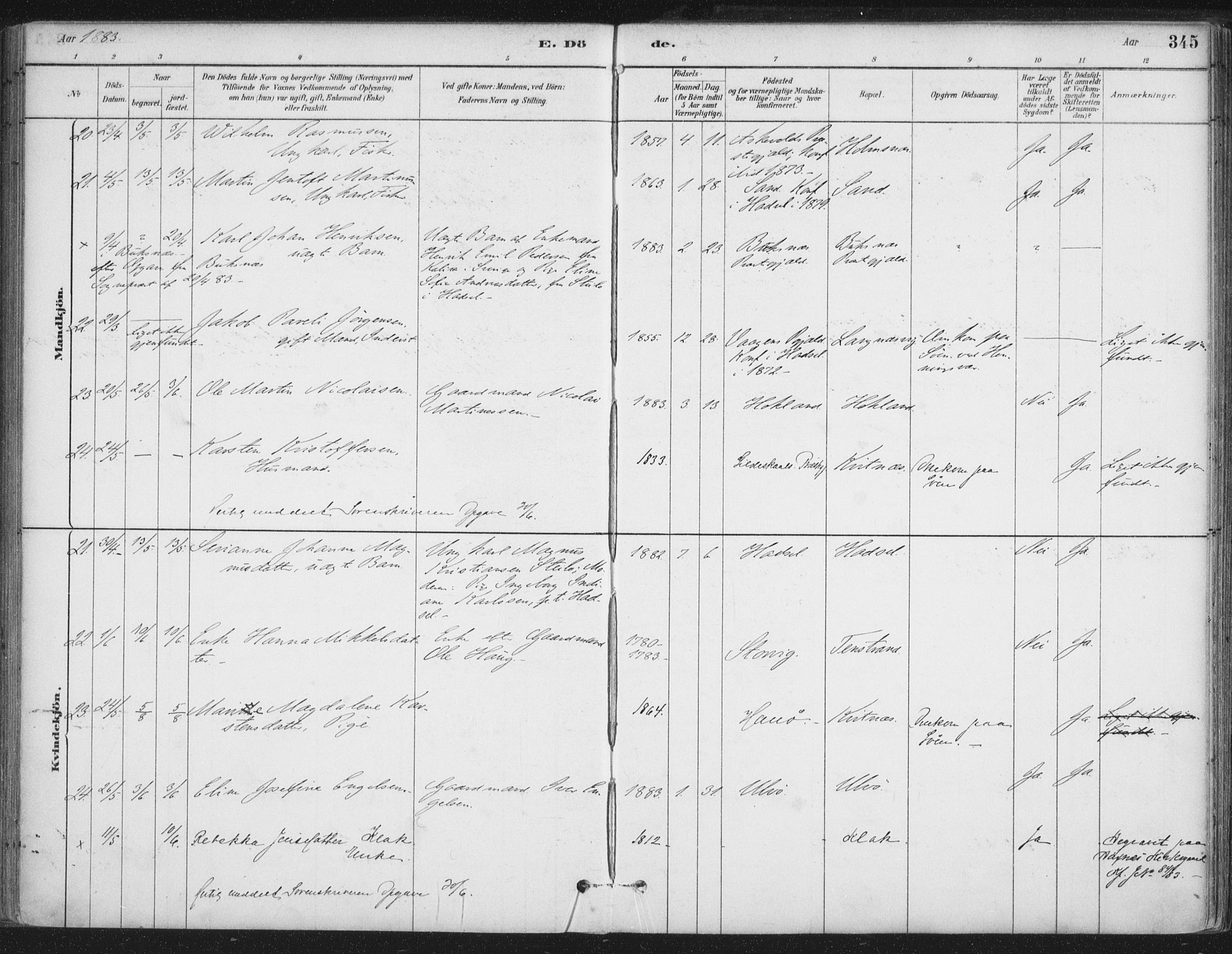 Ministerialprotokoller, klokkerbøker og fødselsregistre - Nordland, AV/SAT-A-1459/888/L1244: Parish register (official) no. 888A10, 1880-1890, p. 345