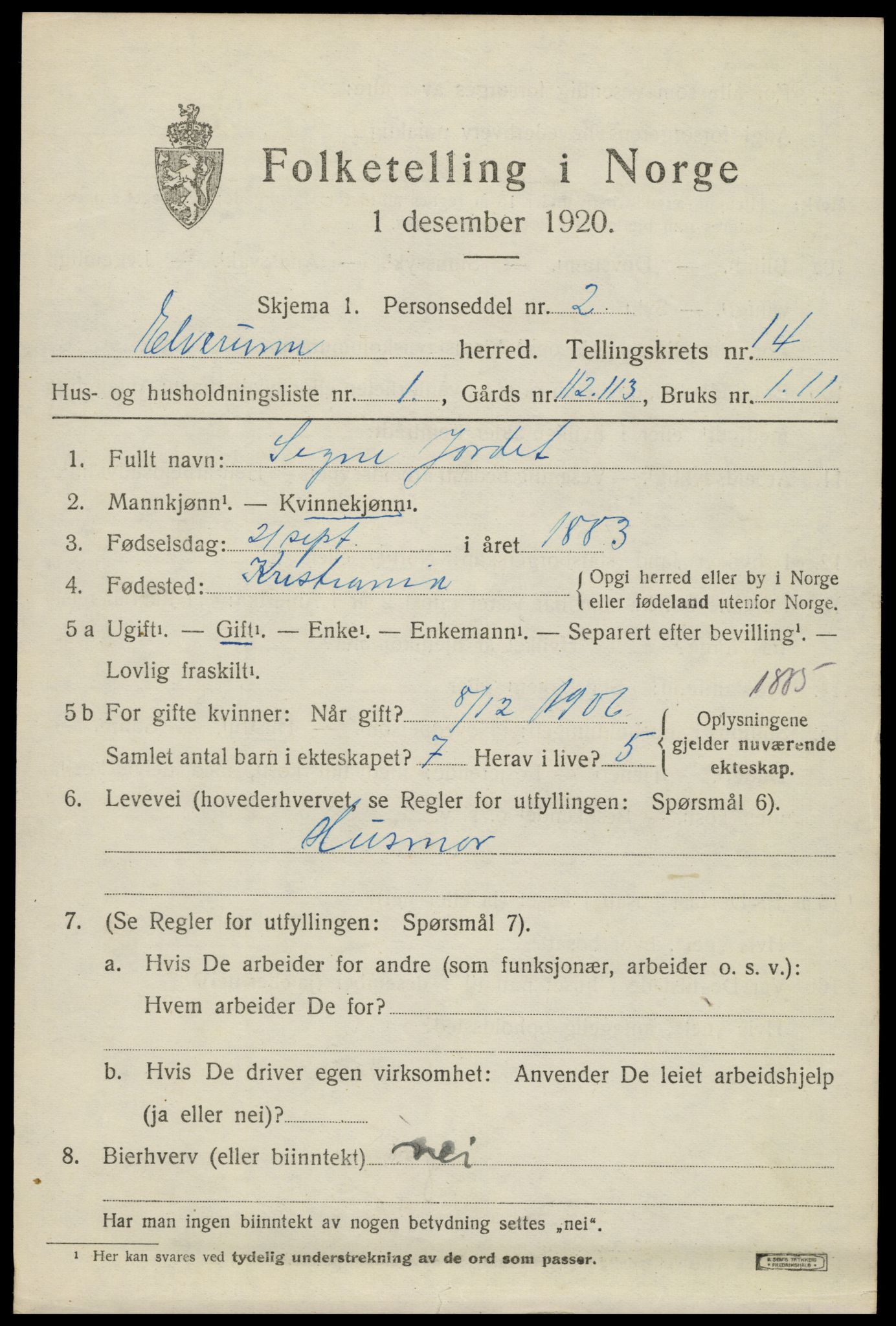 SAH, 1920 census for Elverum, 1920, p. 18006