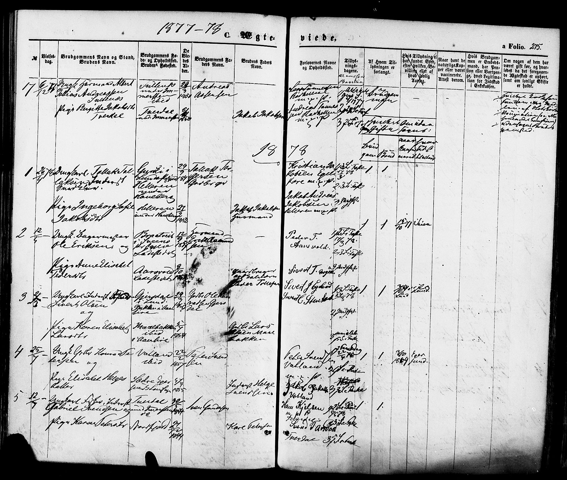 Sokndal sokneprestkontor, AV/SAST-A-101808: Parish register (official) no. A 10, 1874-1886, p. 275