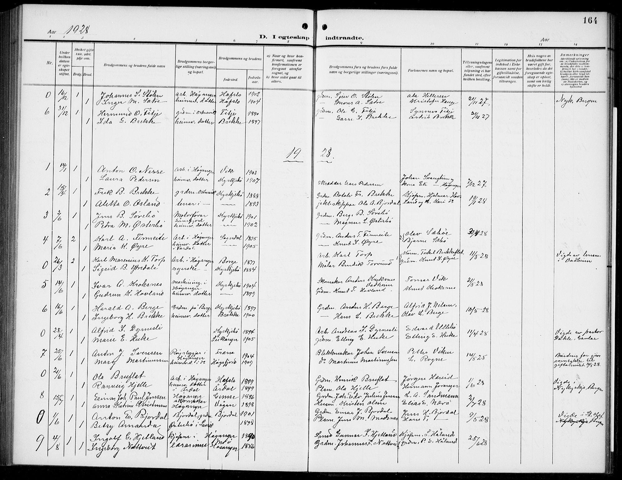 Lavik sokneprestembete, AV/SAB-A-80901: Parish register (copy) no. B 4, 1914-1937, p. 164