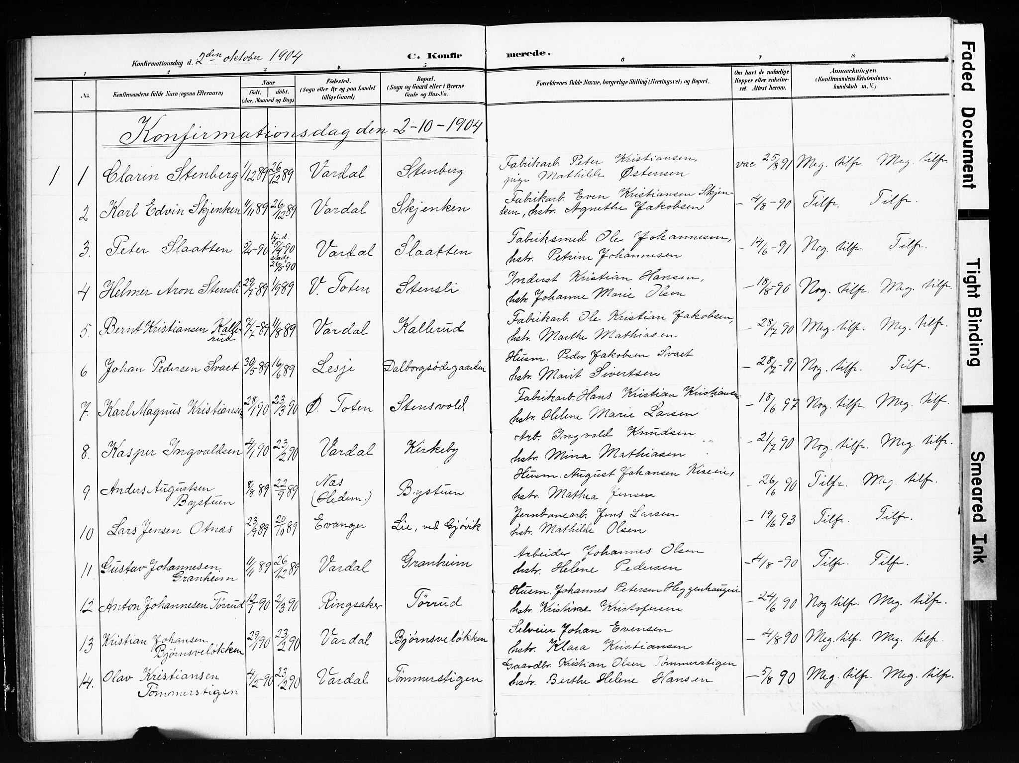 Vardal prestekontor, AV/SAH-PREST-100/H/Ha/Hab/L0013: Parish register (copy) no. 13, 1904-1915