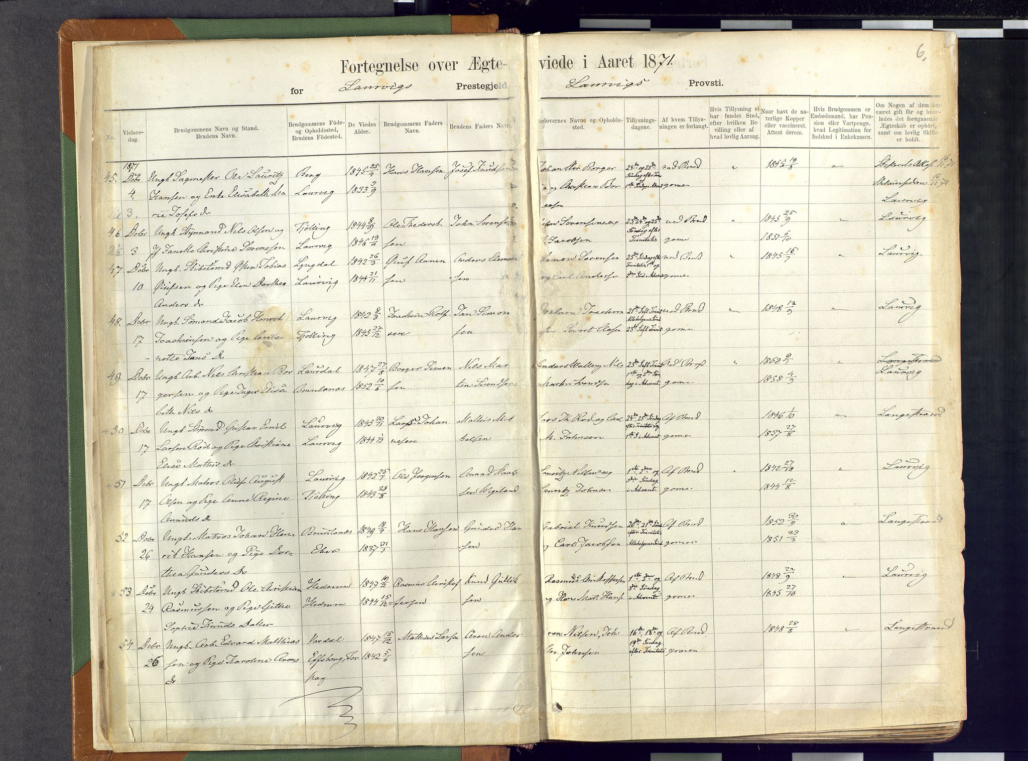 Larvik kirkebøker, SAKO/A-352/F/Fa/L0007: Parish register (official) no. I 7, 1871-1883, p. 6