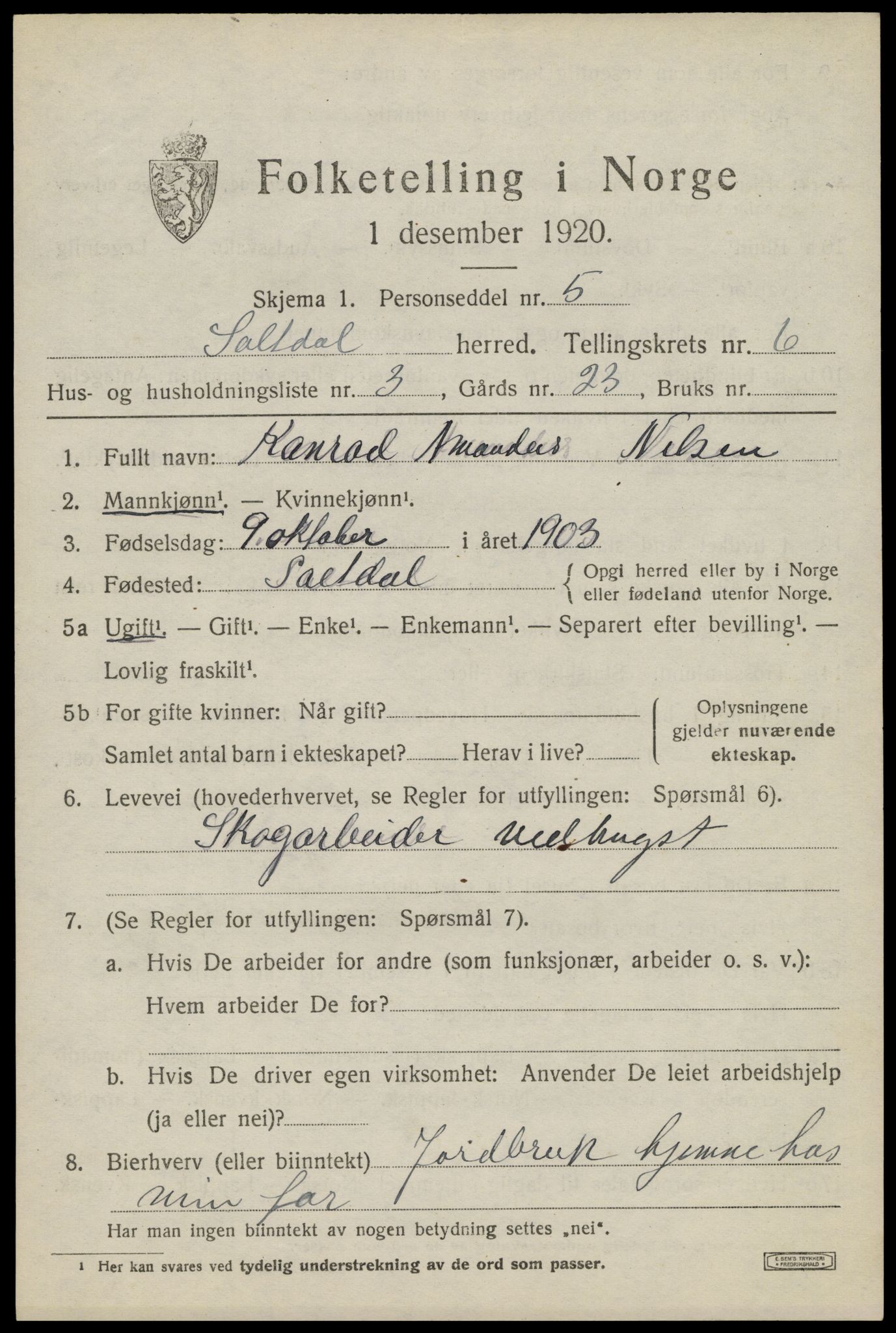 SAT, 1920 census for Saltdal, 1920, p. 7367