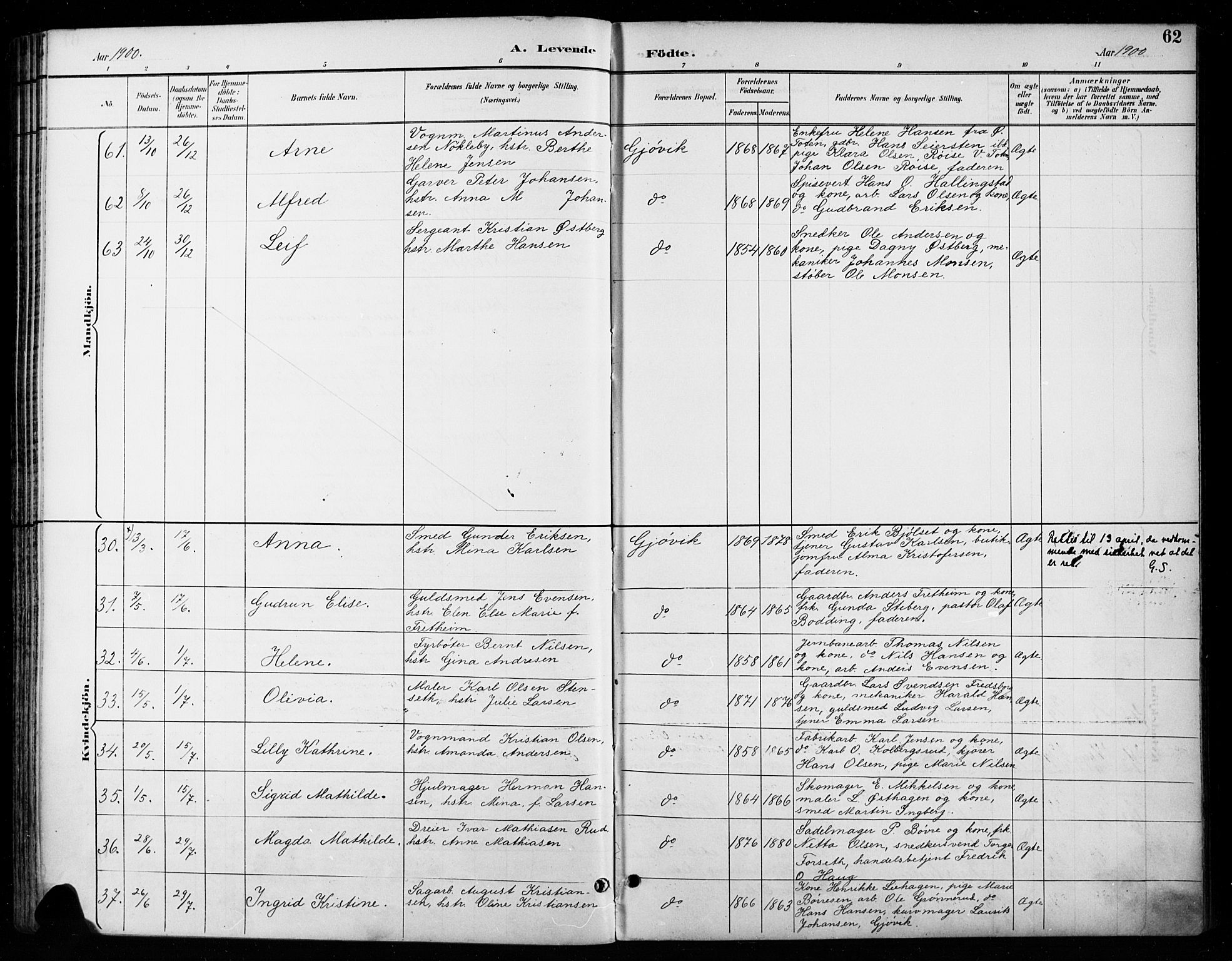 Vardal prestekontor, AV/SAH-PREST-100/H/Ha/Haa/L0011: Parish register (official) no. 11, 1891-1901, p. 62