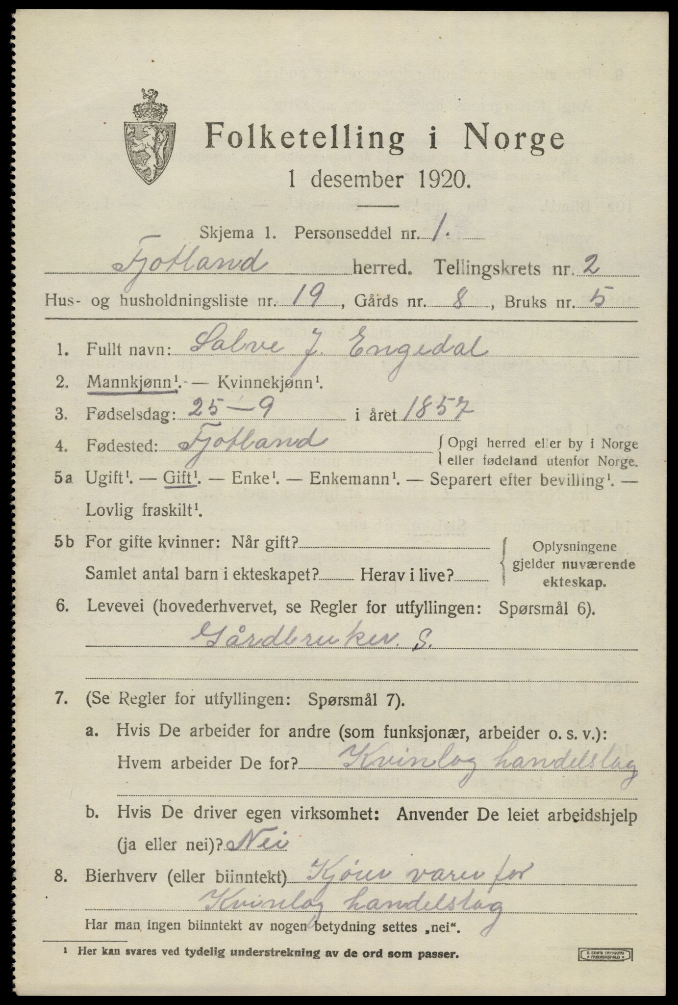 SAK, 1920 census for Fjotland, 1920, p. 876