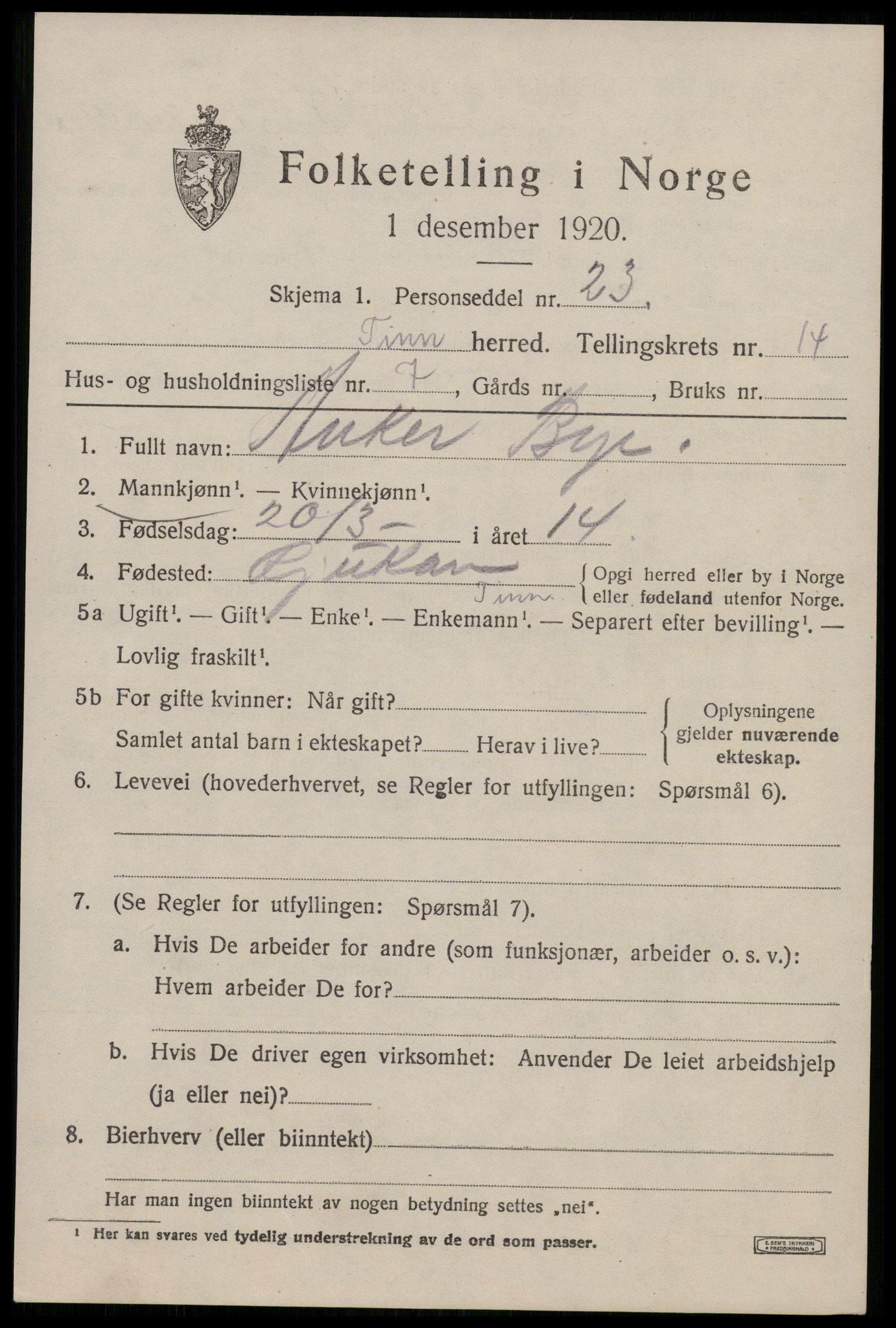 SAKO, 1920 census for Tinn, 1920, p. 8858