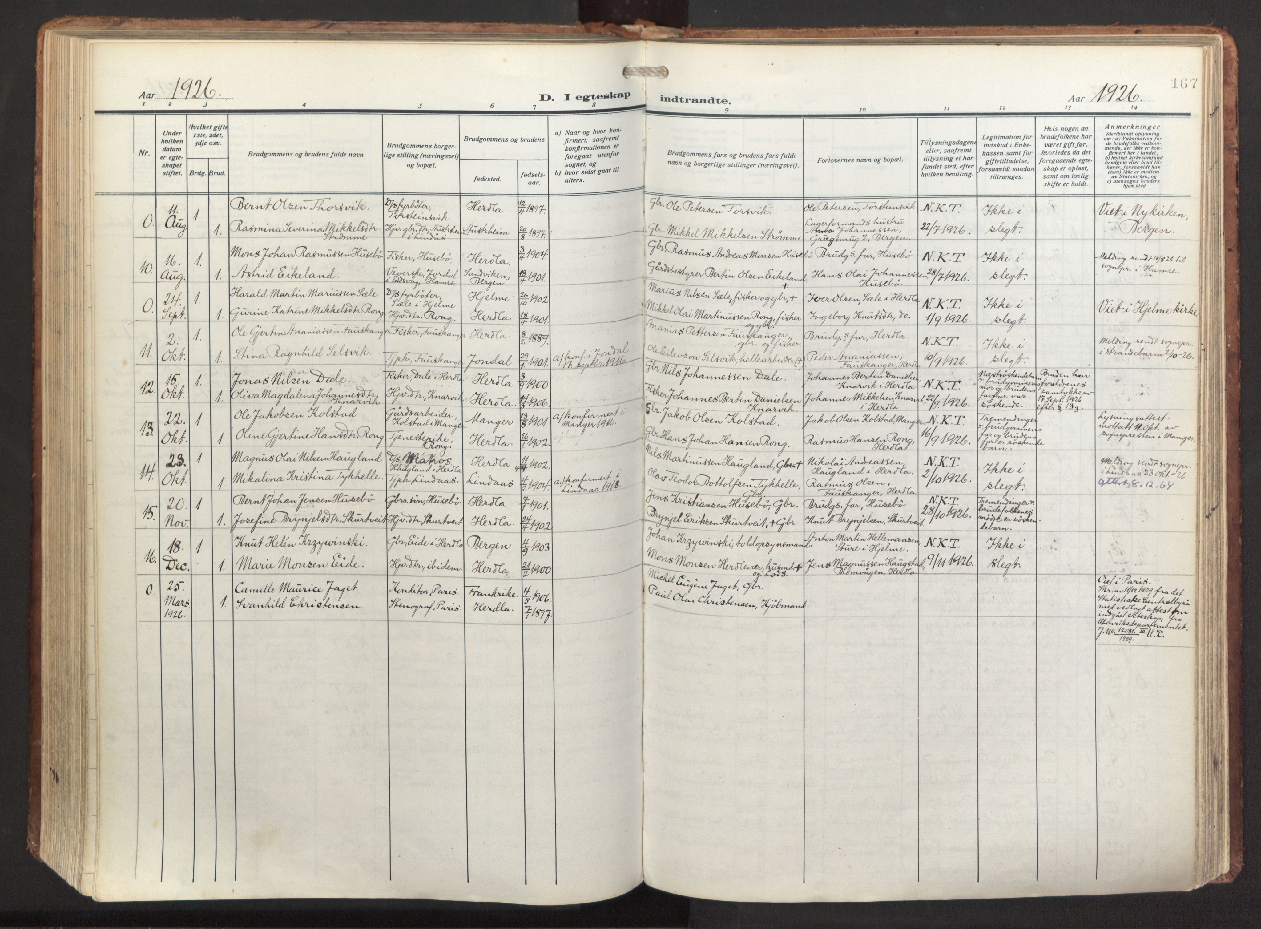 Herdla Sokneprestembete, AV/SAB-A-75701/H/Haa: Parish register (official) no. A 6, 1918-1933, p. 167