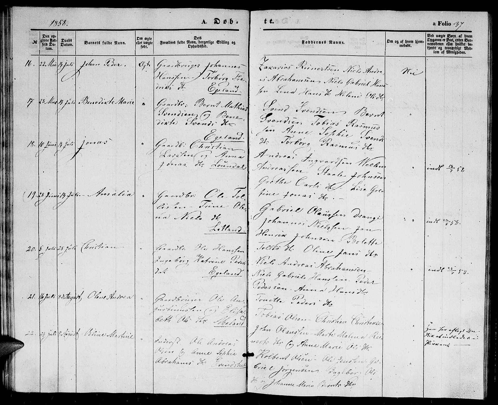 Herad sokneprestkontor, AV/SAK-1111-0018/F/Fb/Fba/L0002: Parish register (copy) no. B 2, 1852-1862, p. 37