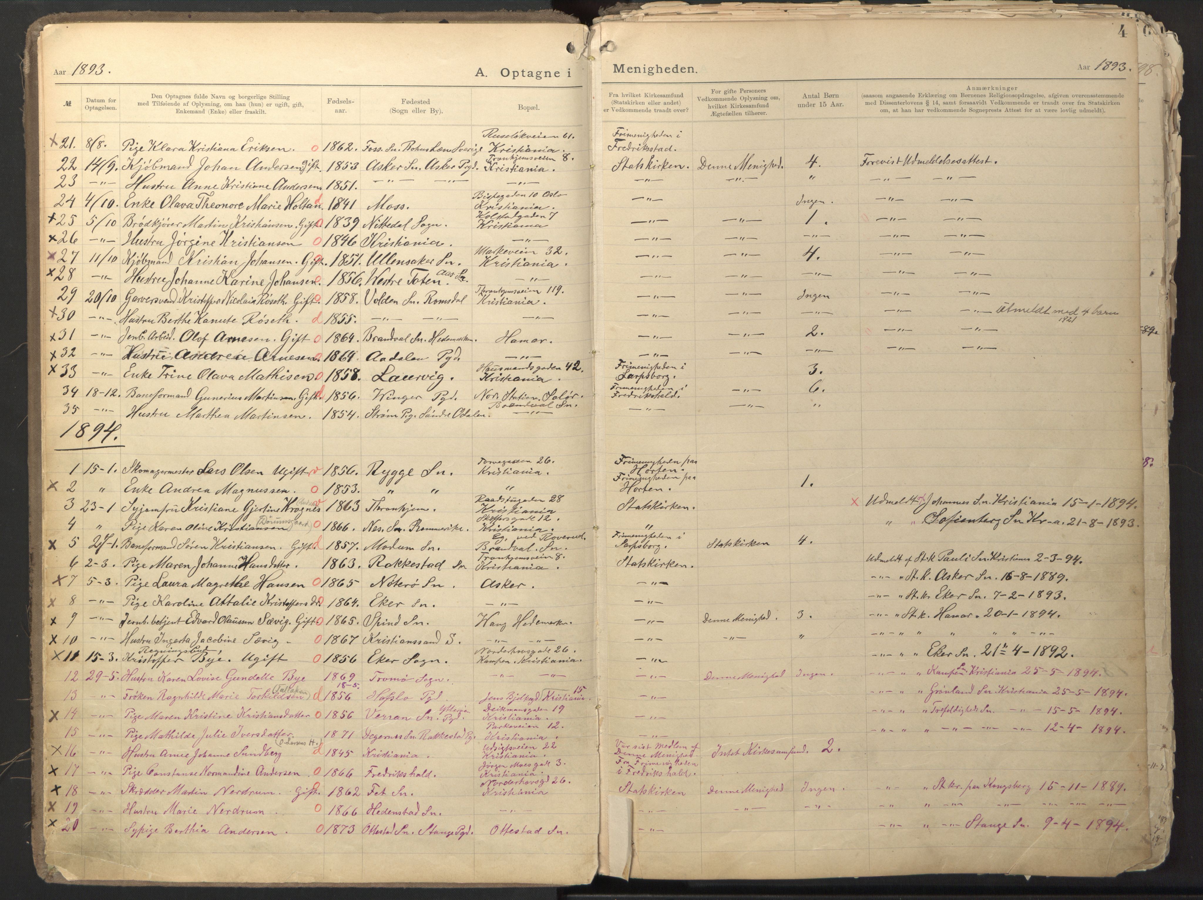 Den evangelisk-lutherske frikirke østre menighet, Oslo, SAO/PAO-0245/F/L0002: Dissenter register no. 2, 1892-1936, p. 4