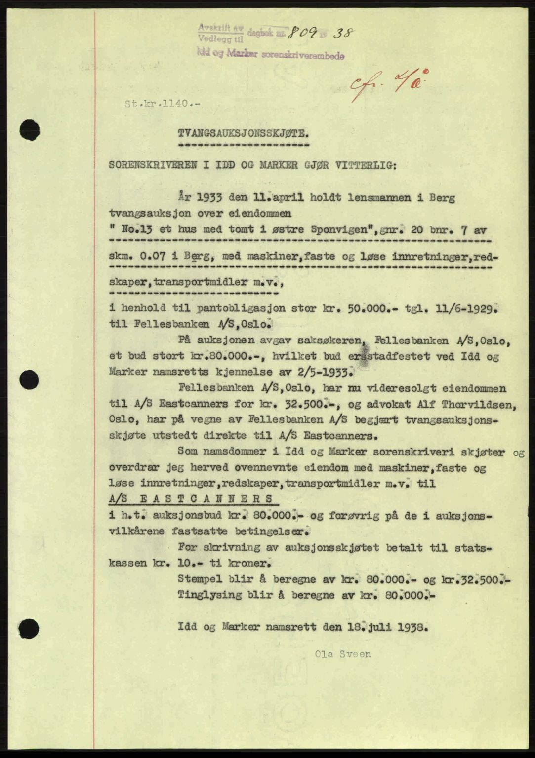 Idd og Marker sorenskriveri, AV/SAO-A-10283/G/Gb/Gbb/L0002: Mortgage book no. A2, 1937-1938, Diary no: : 809/1938