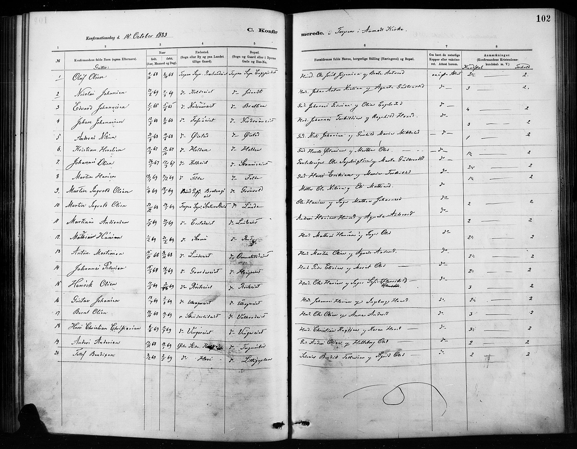 Nordre Land prestekontor, SAH/PREST-124/H/Ha/Haa/L0004: Parish register (official) no. 4, 1882-1896, p. 102
