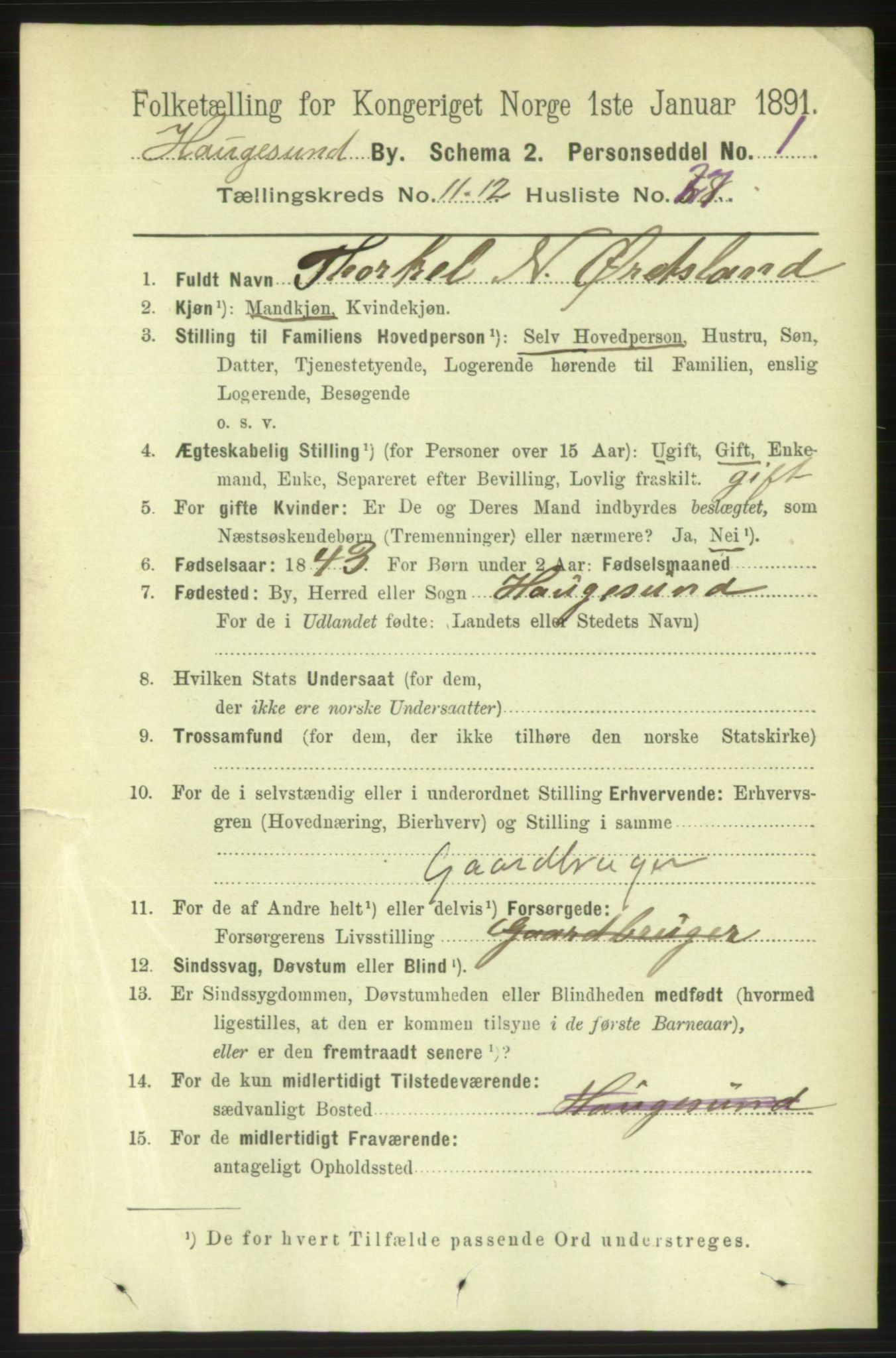 RA, 1891 census for 1106 Haugesund, 1891, p. 4285