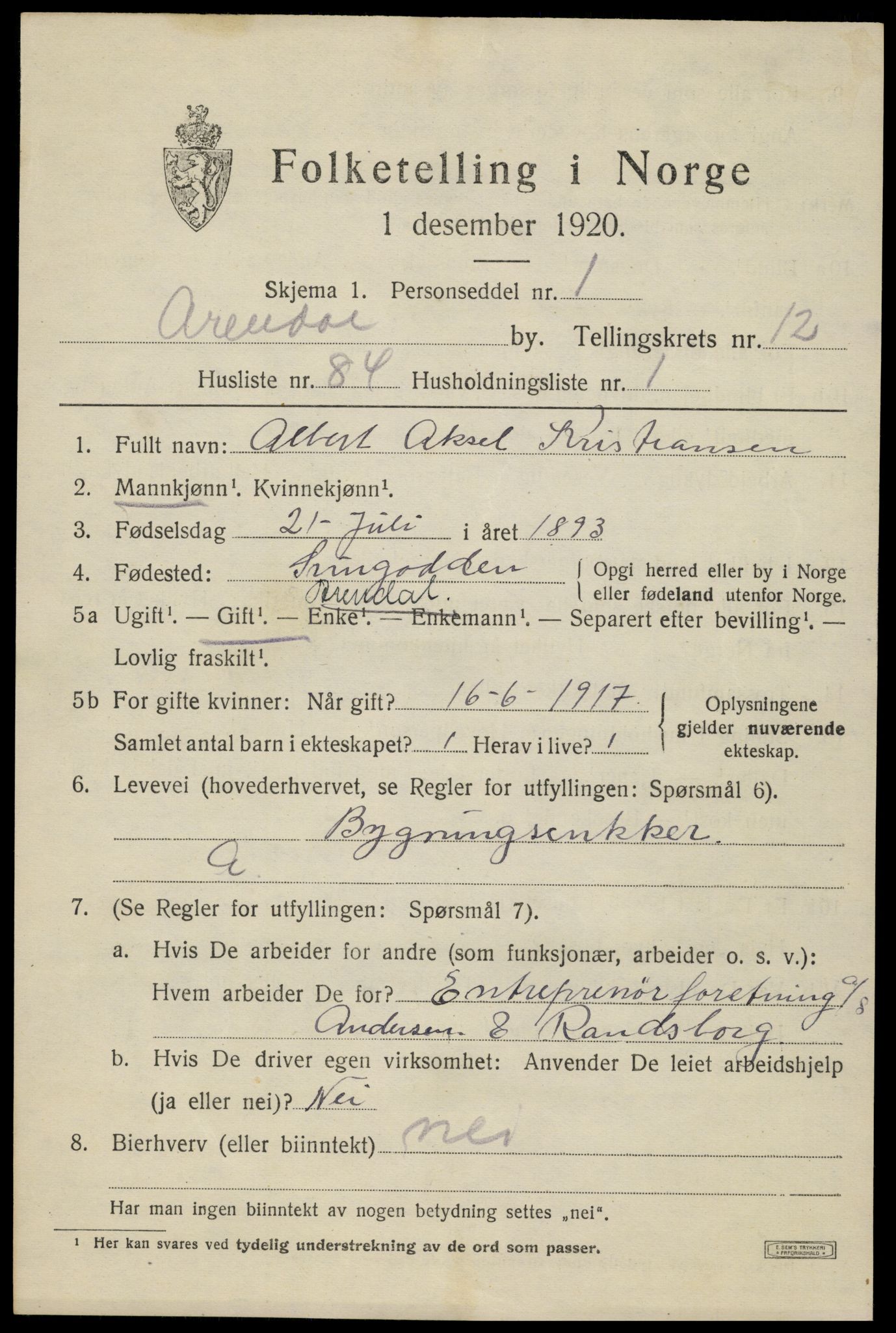 SAK, 1920 census for Arendal, 1920, p. 20254