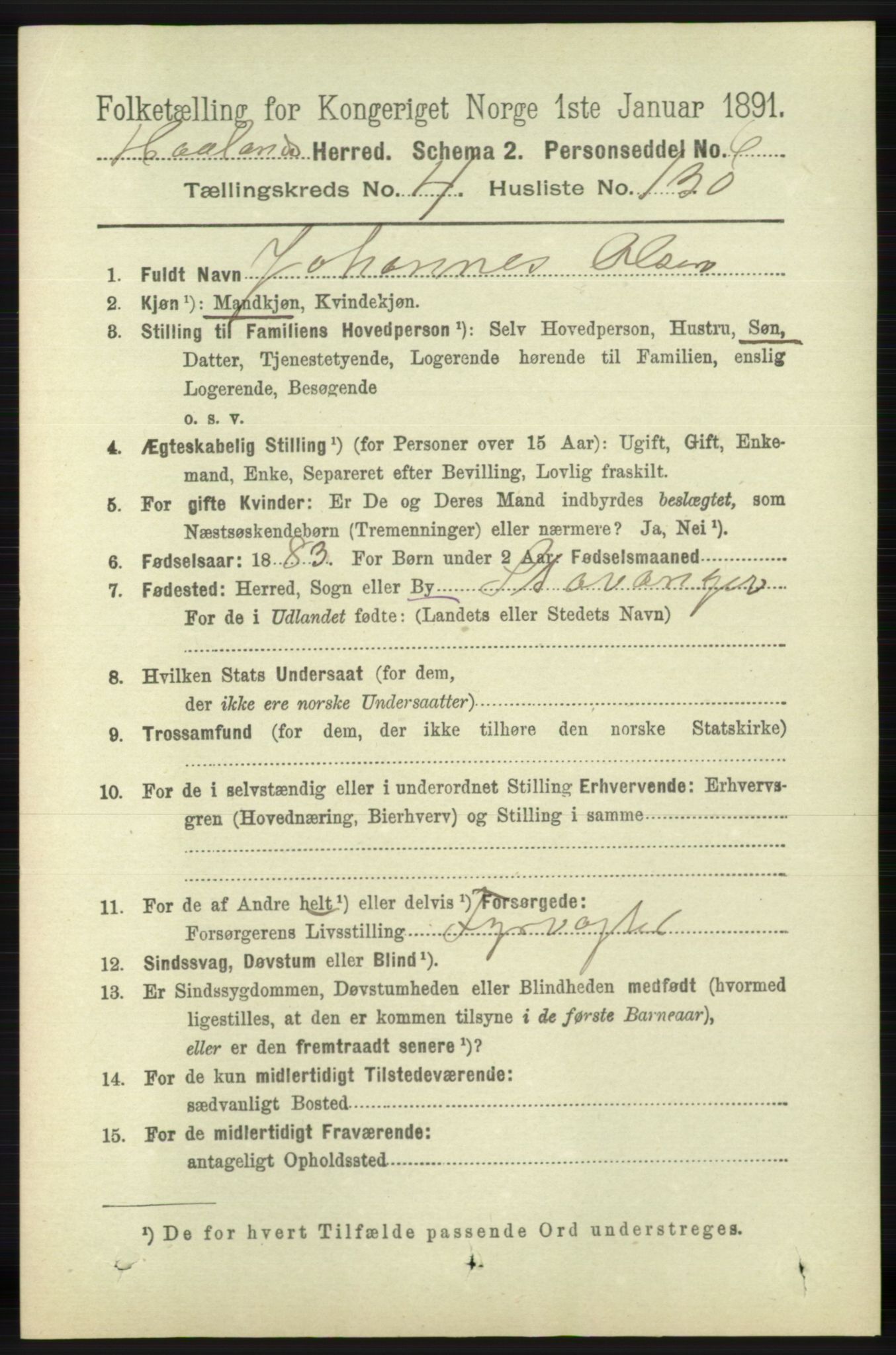 RA, 1891 census for 1124 Haaland, 1891, p. 3156