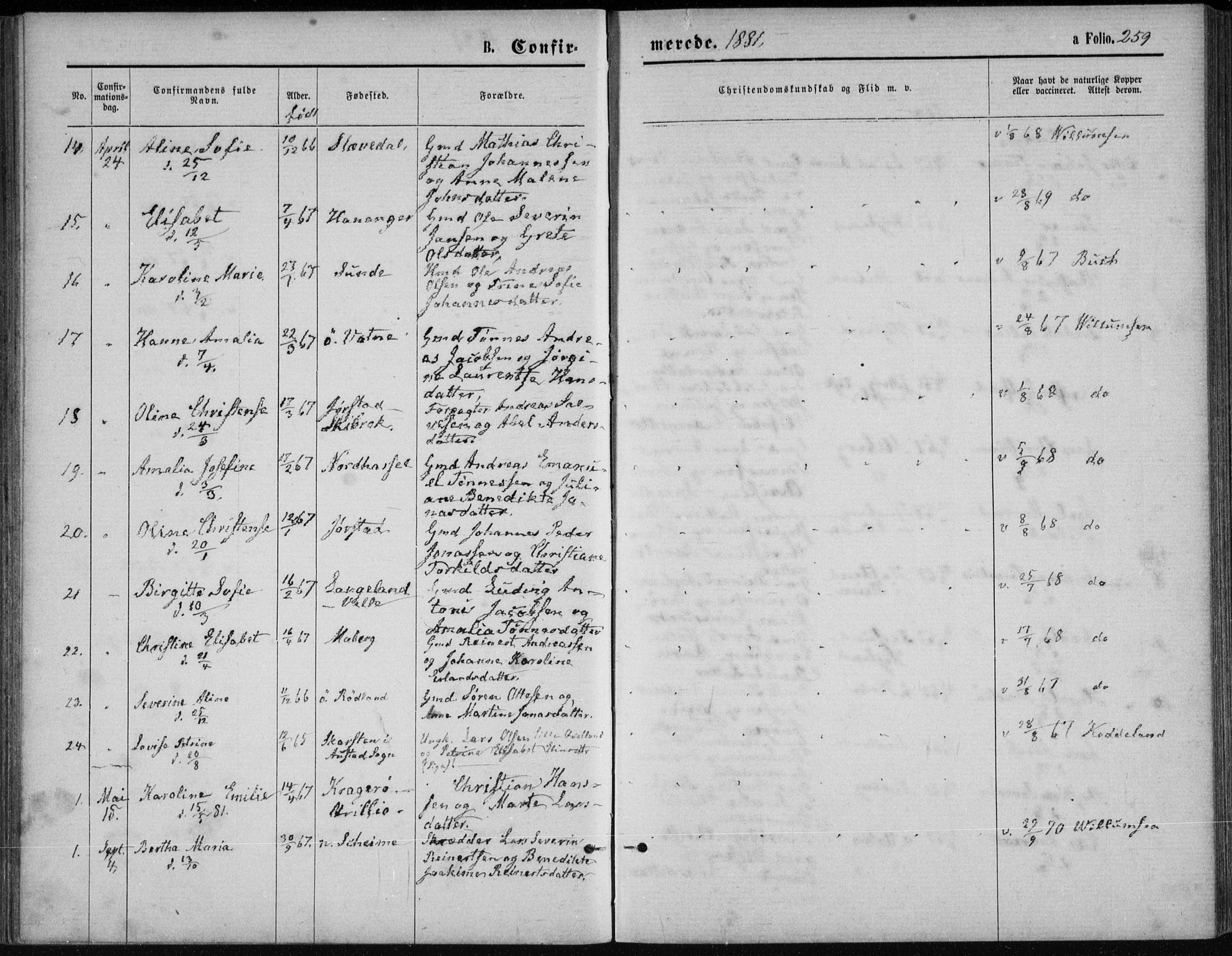 Lista sokneprestkontor, AV/SAK-1111-0027/F/Fb/L0004: Parish register (copy) no. B 4, 1877-1891, p. 259