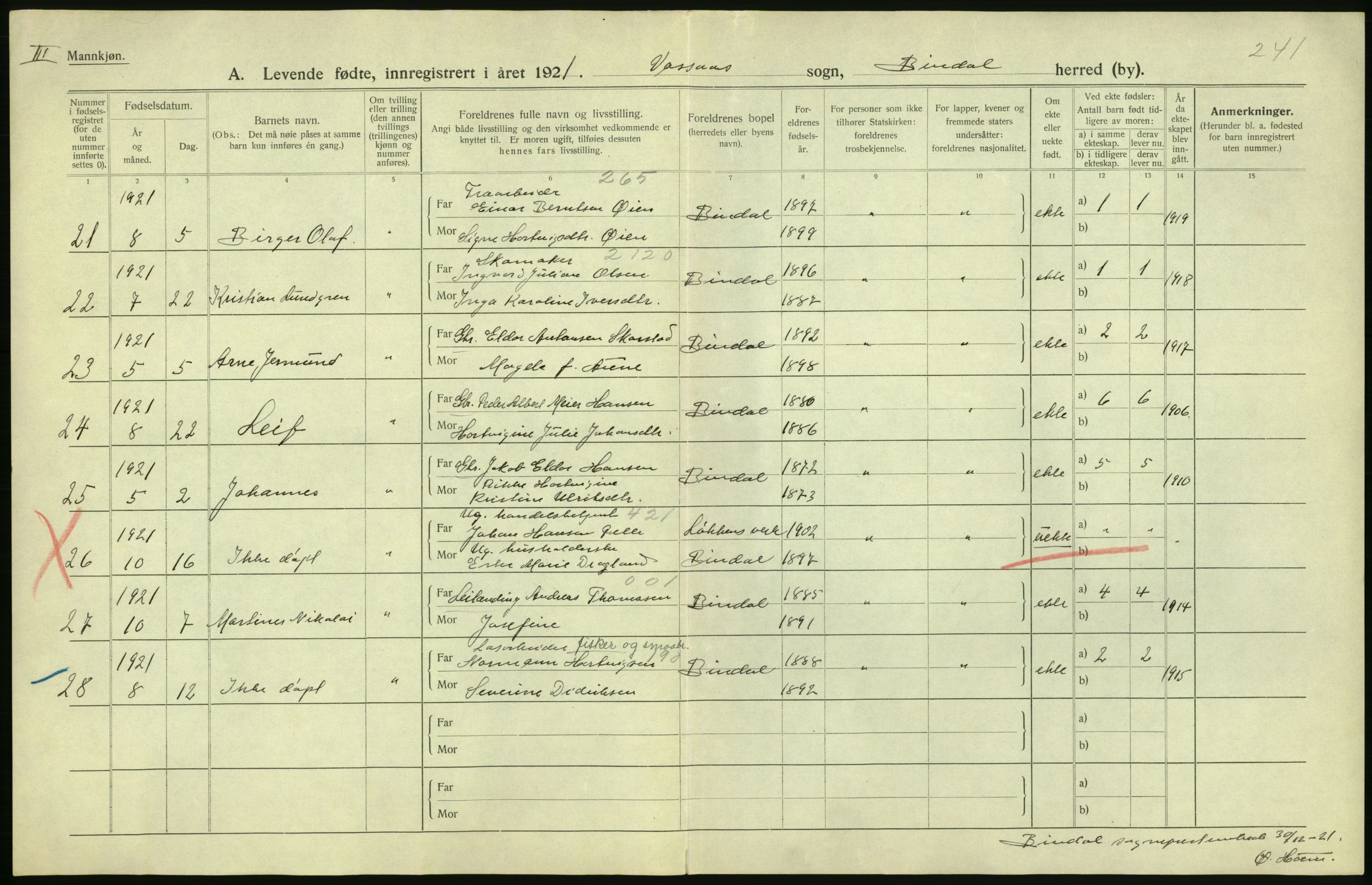 Statistisk sentralbyrå, Sosiodemografiske emner, Befolkning, AV/RA-S-2228/D/Df/Dfc/Dfca/L0049: Nordland fylke: Levendefødte menn og kvinner. Bygder., 1921, p. 462