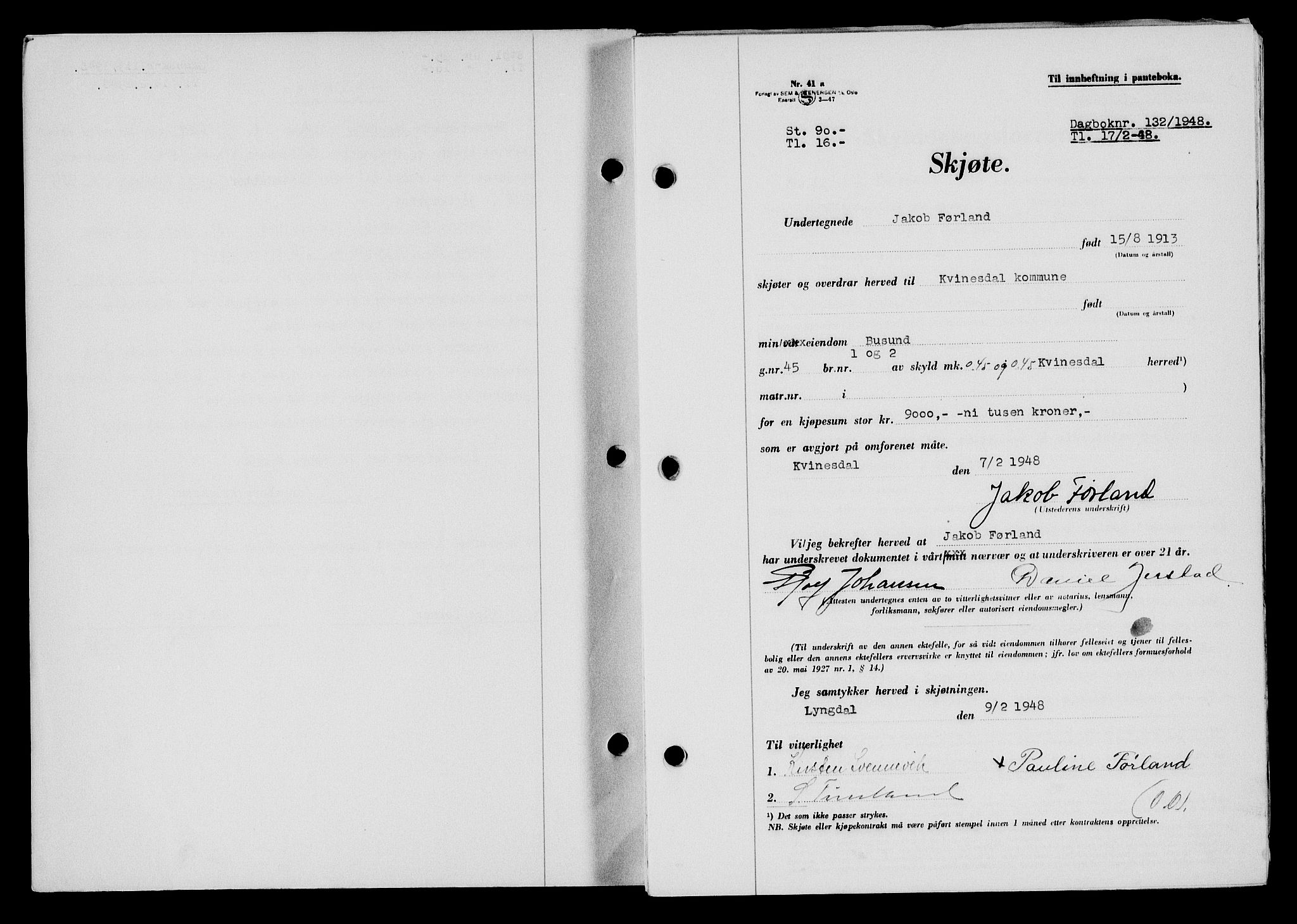 Flekkefjord sorenskriveri, AV/SAK-1221-0001/G/Gb/Gba/L0063: Mortgage book no. A-11, 1947-1948, Diary no: : 132/1948