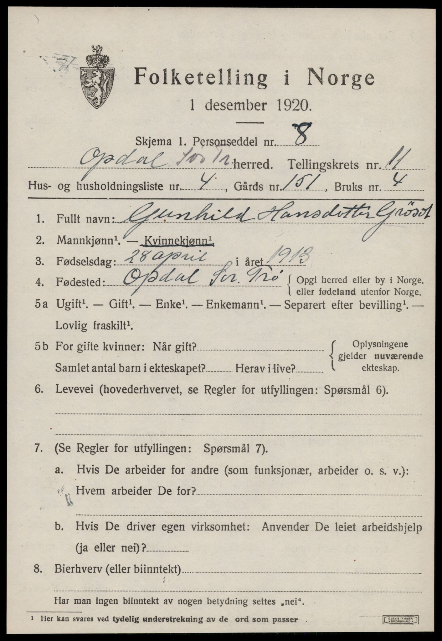 SAT, 1920 census for Oppdal, 1920, p. 9261