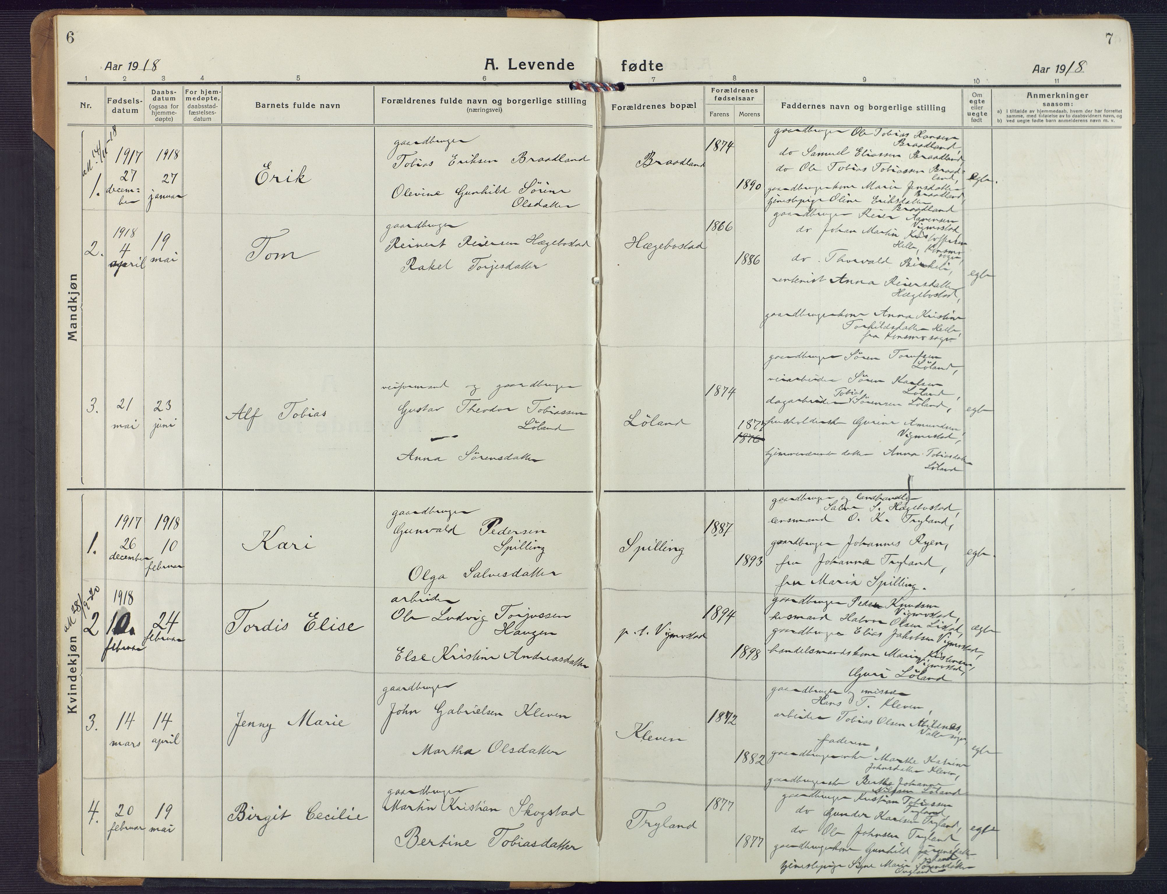 Nord-Audnedal sokneprestkontor, SAK/1111-0032/F/Fa/Fab/L0005: Parish register (official) no. A 5, 1918-1925, p. 6-7