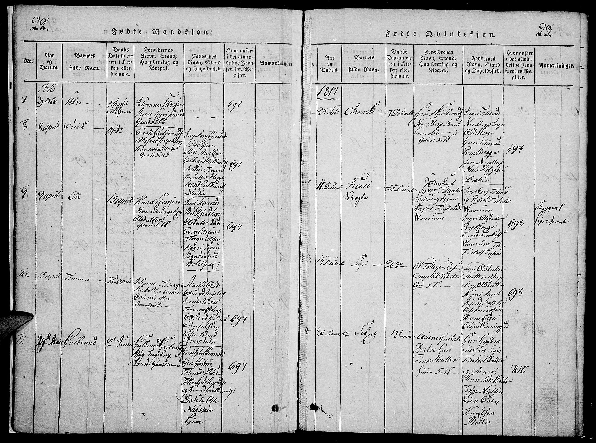 Slidre prestekontor, SAH/PREST-134/H/Ha/Hab/L0002: Parish register (copy) no. 2, 1814-1839, p. 22-23