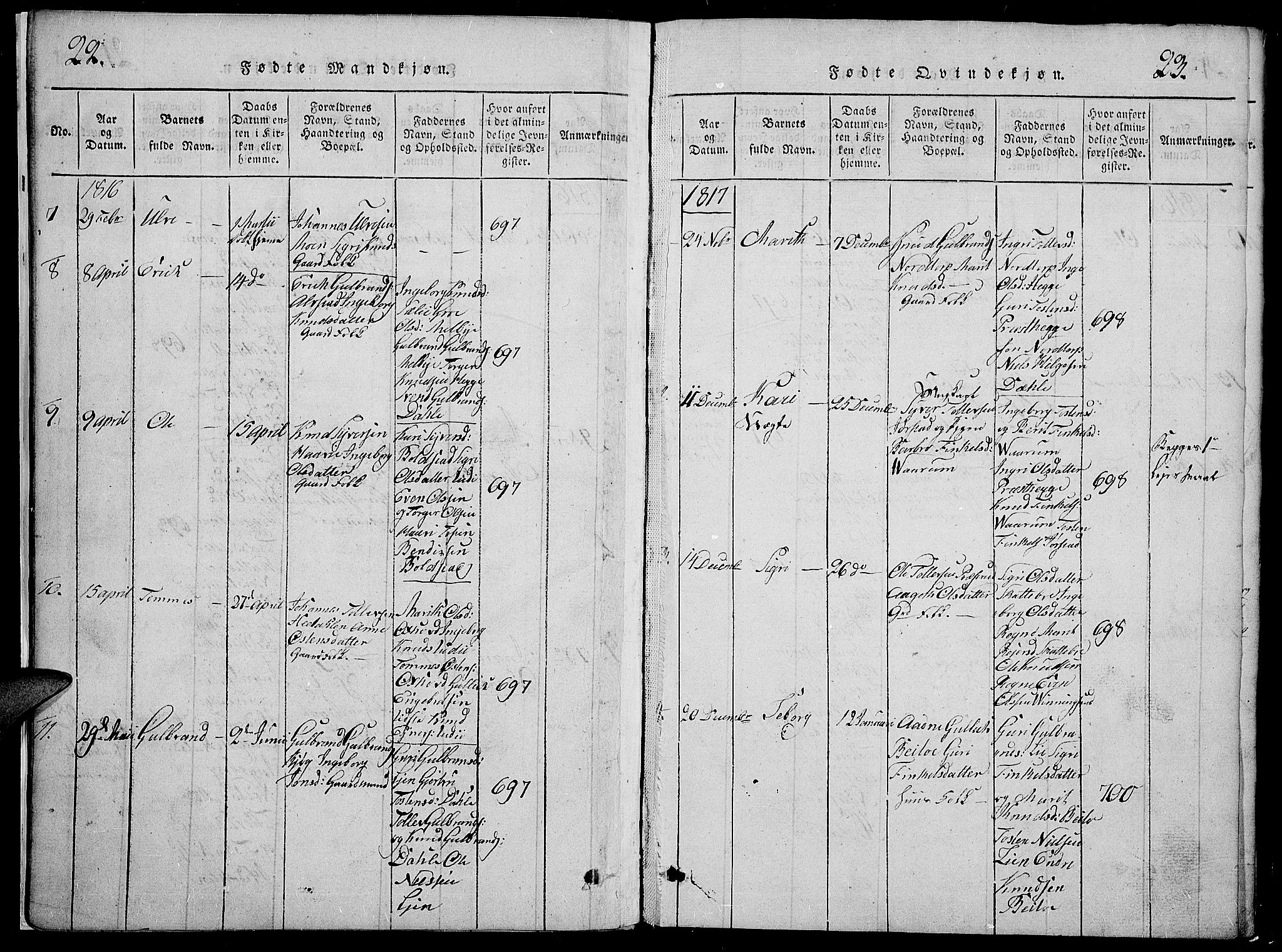 Slidre prestekontor, AV/SAH-PREST-134/H/Ha/Hab/L0002: Parish register (copy) no. 2, 1814-1839, p. 22-23