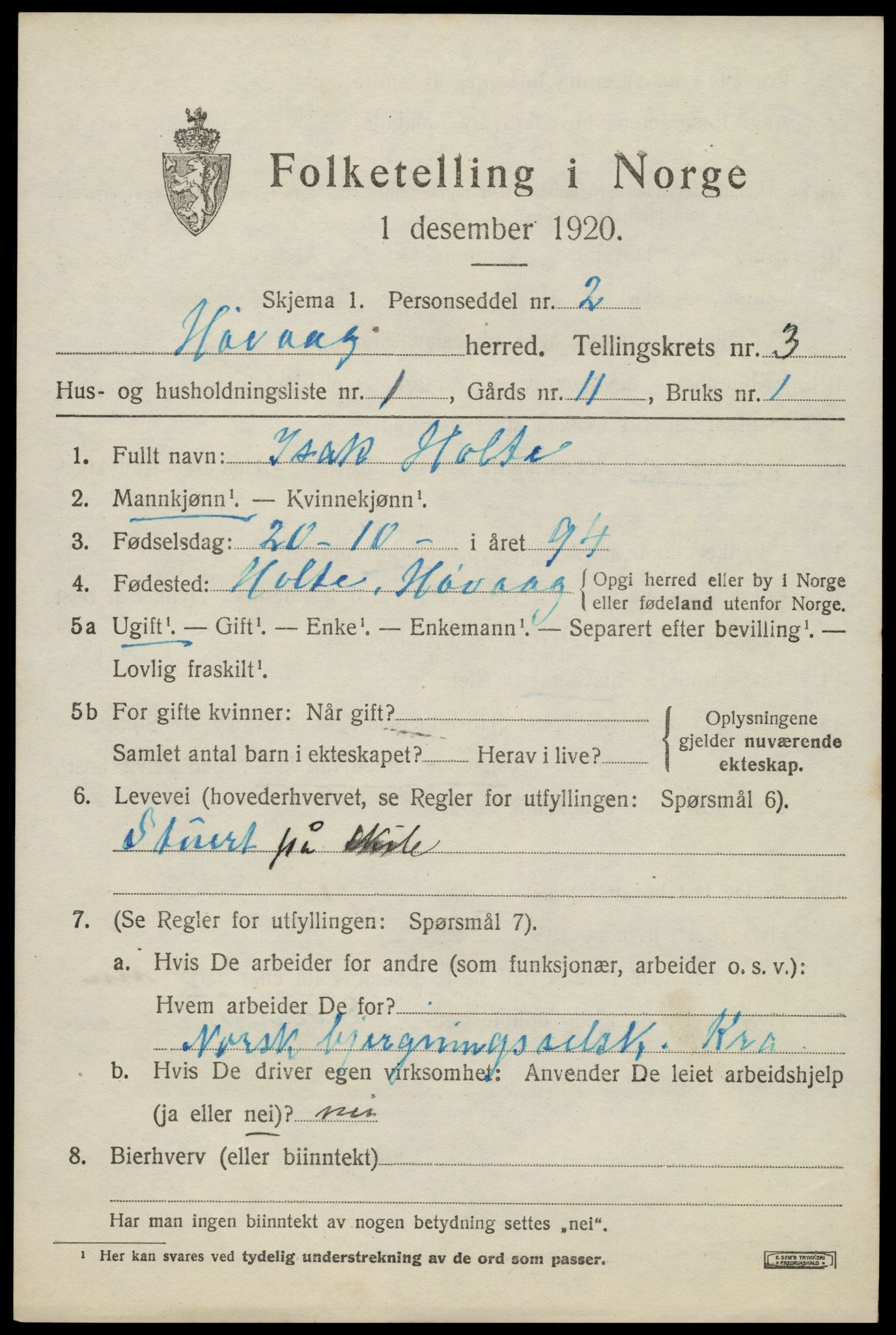 SAK, 1920 census for Høvåg, 1920, p. 1492