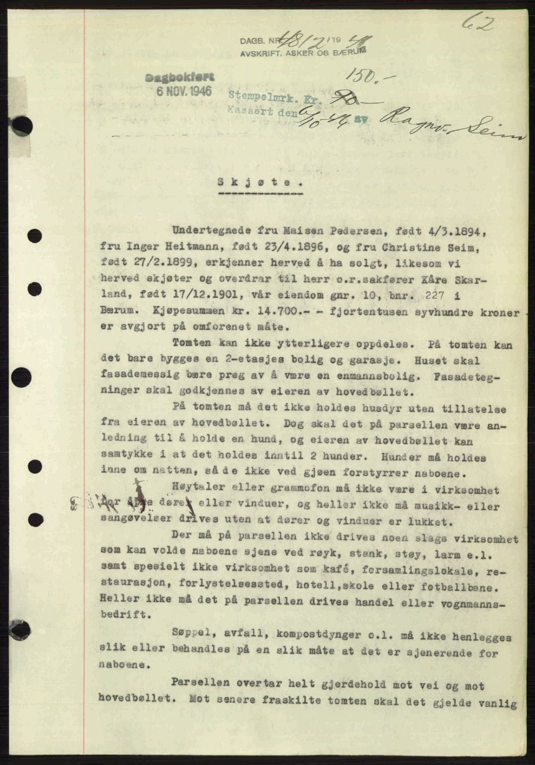 Aker herredsskriveri, AV/SAO-A-10896/G/Gb/Gbb/Gbbb/L0036: Mortgage book no. A82, 1946-1947, Diary no: : 4812/1946