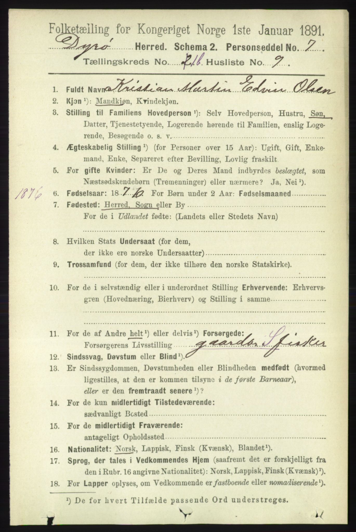 RA, 1891 census for 1926 Dyrøy, 1891, p. 450