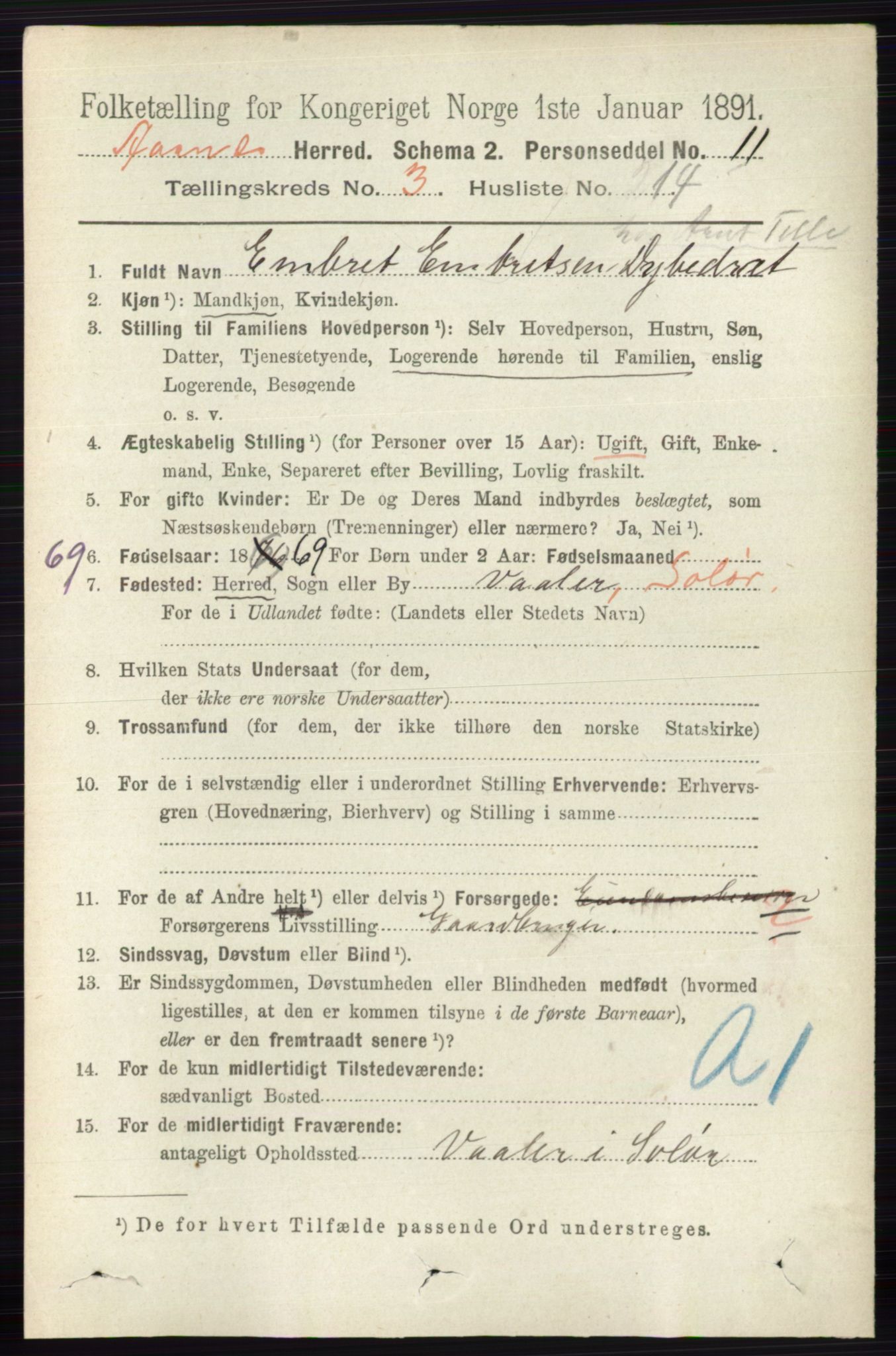 RA, 1891 census for 0425 Åsnes, 1891, p. 1172