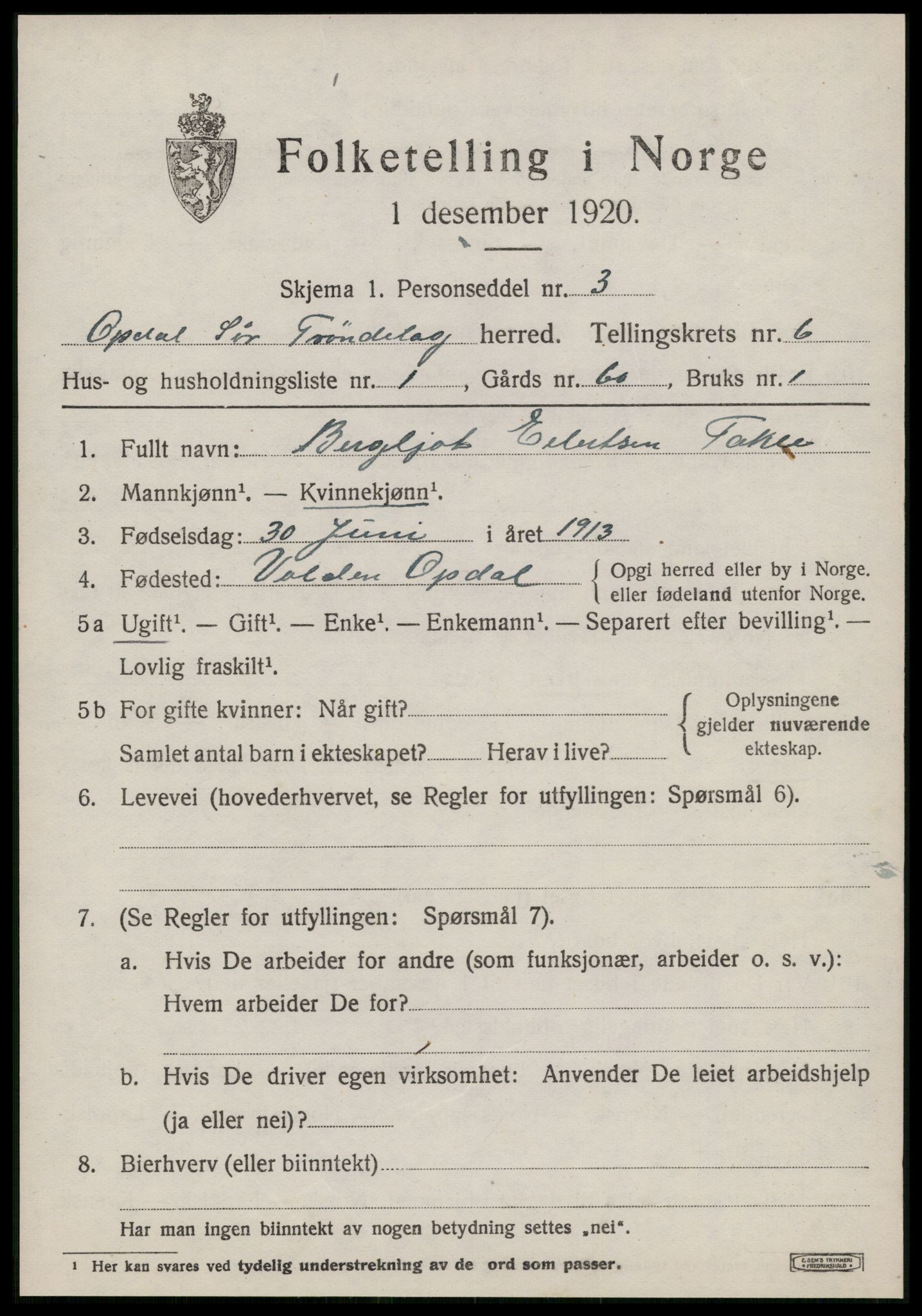 SAT, 1920 census for Oppdal, 1920, p. 5325