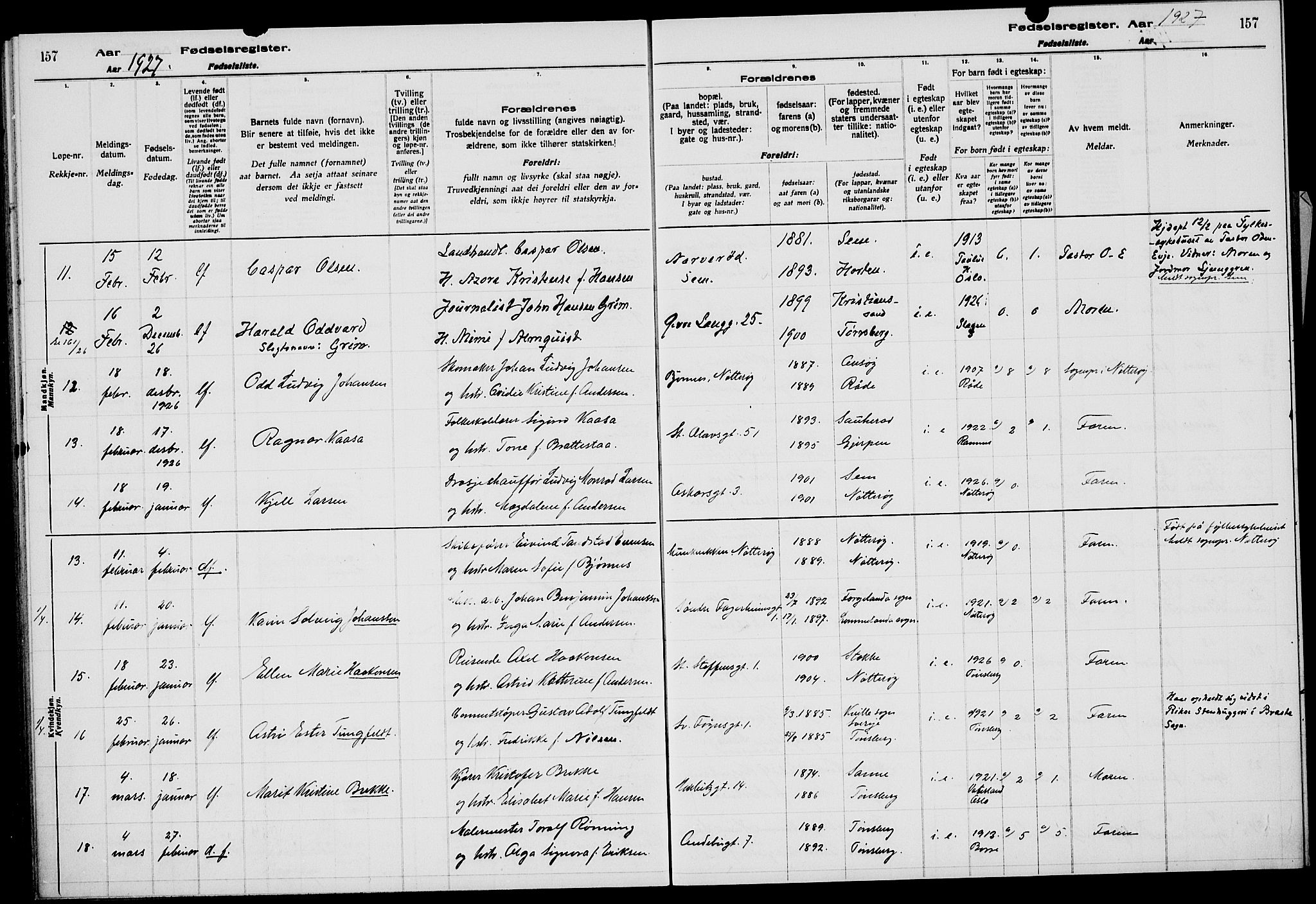 Tønsberg kirkebøker, AV/SAKO-A-330/J/Ja/L0002: Birth register no. 2, 1922-1928, p. 157