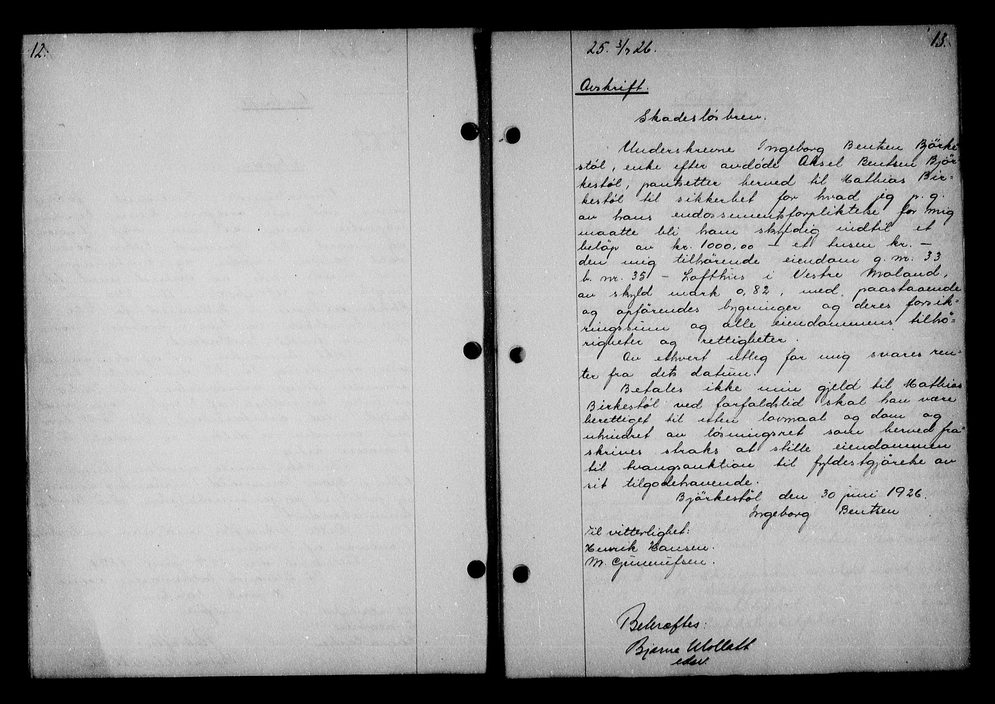 Vestre Nedenes/Sand sorenskriveri, AV/SAK-1221-0010/G/Gb/Gba/L0036: Mortgage book no. 62, 1926-1928, p. 12-13