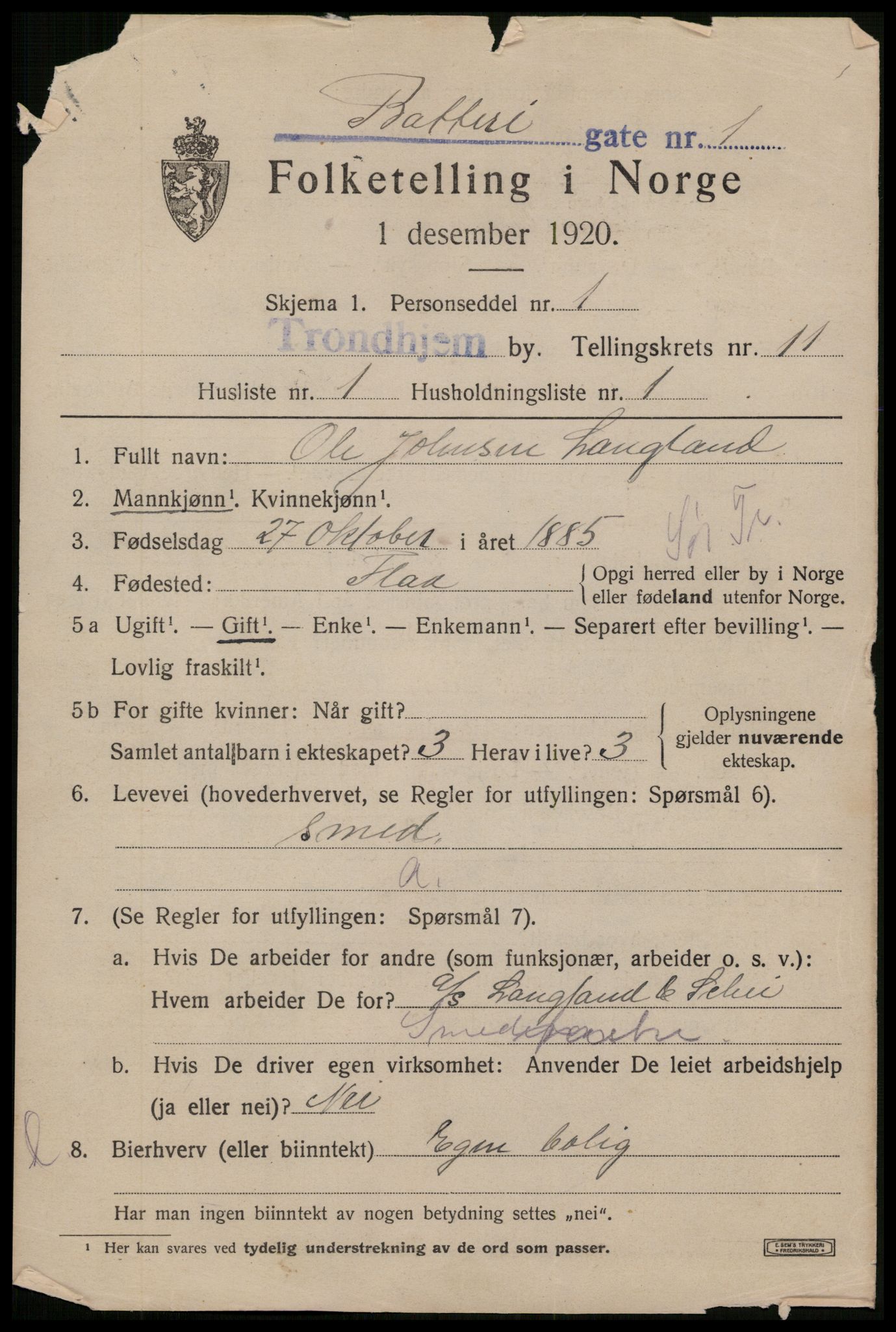 SAT, 1920 census for Trondheim, 1920, p. 46176