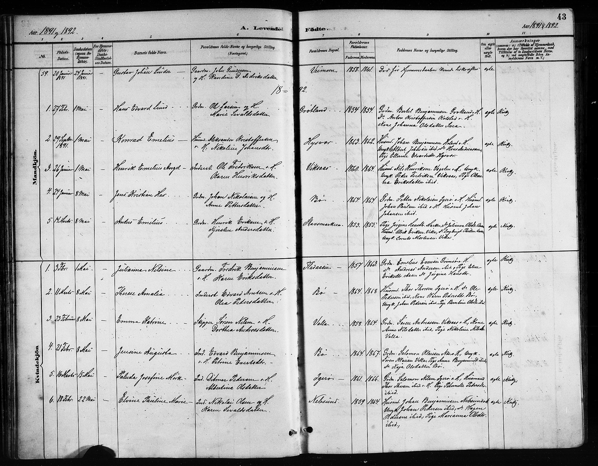 Ministerialprotokoller, klokkerbøker og fødselsregistre - Nordland, AV/SAT-A-1459/816/L0253: Parish register (copy) no. 816C03, 1886-1905, p. 43