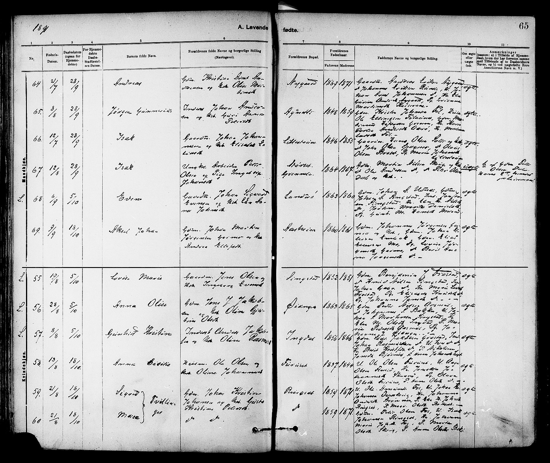 Ministerialprotokoller, klokkerbøker og fødselsregistre - Sør-Trøndelag, AV/SAT-A-1456/647/L0634: Parish register (official) no. 647A01, 1885-1896, p. 65