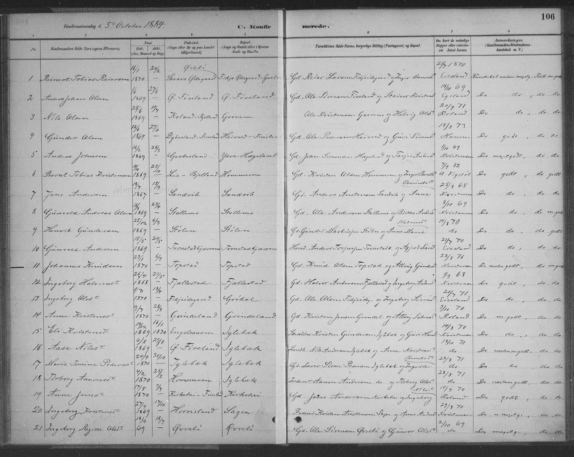 Vennesla sokneprestkontor, SAK/1111-0045/Fa/Fac/L0009: Parish register (official) no. A 9, 1884-1901, p. 106