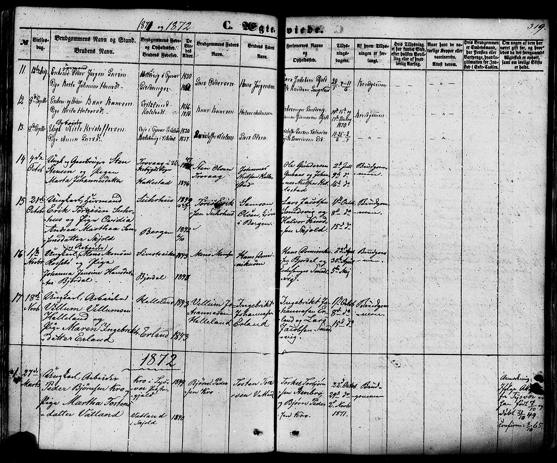 Skjold sokneprestkontor, AV/SAST-A-101847/H/Ha/Haa/L0008: Parish register (official) no. A 8, 1856-1882, p. 319